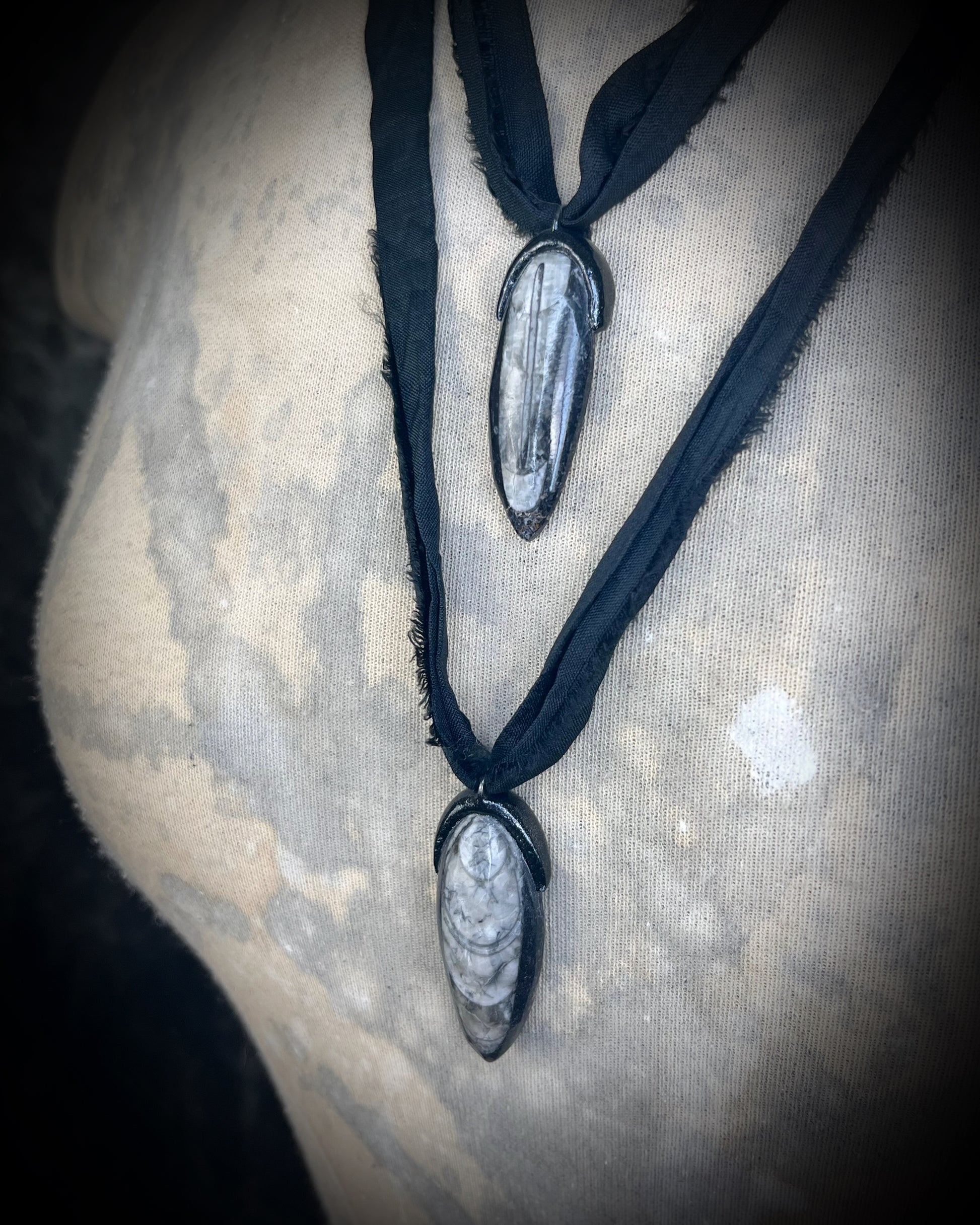 Orthoceras fosssil handmade bag charm or best friends pendant!  Black and white fossil necklace on recycled silk is a versatile accessory for a car protection charm, summer or beach travel or everyday boho vibes!
