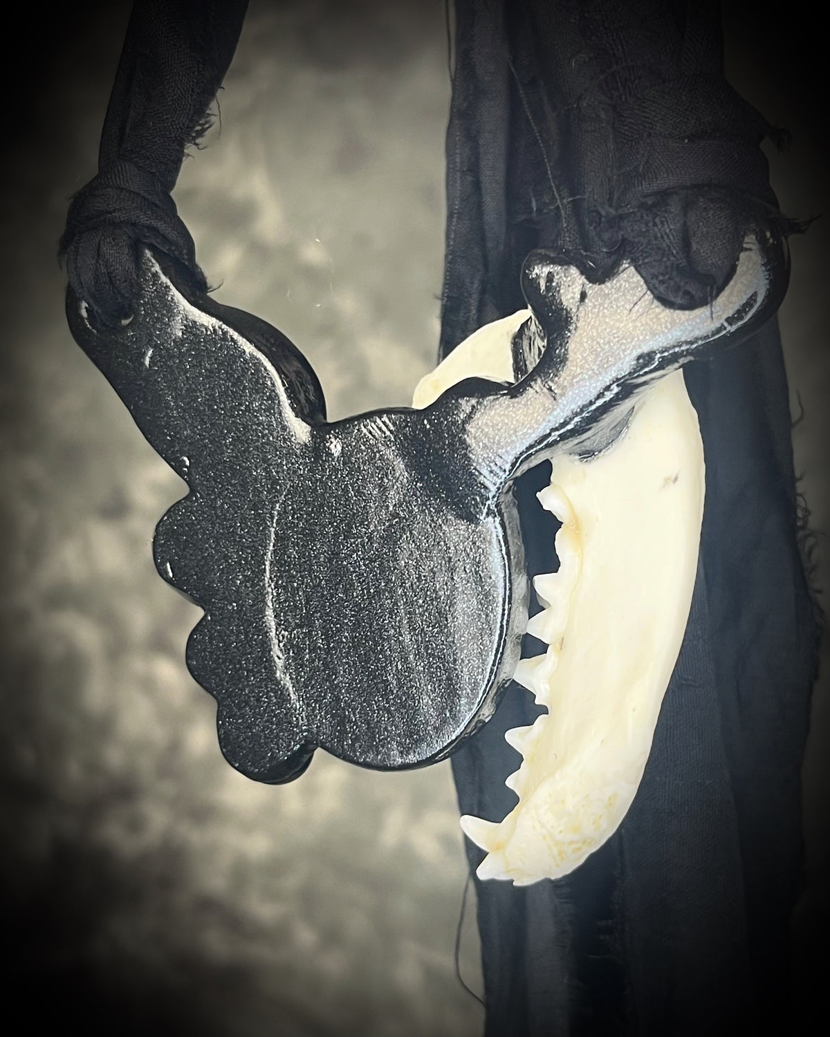 Otter jawbone talisman with a faceted carnelian center stone and amethyst, citrine, and moonstone accents in a sculptural black-finish setting on black recycled silk, handmade by Become Spellbound in Baltimore, Maryland.
