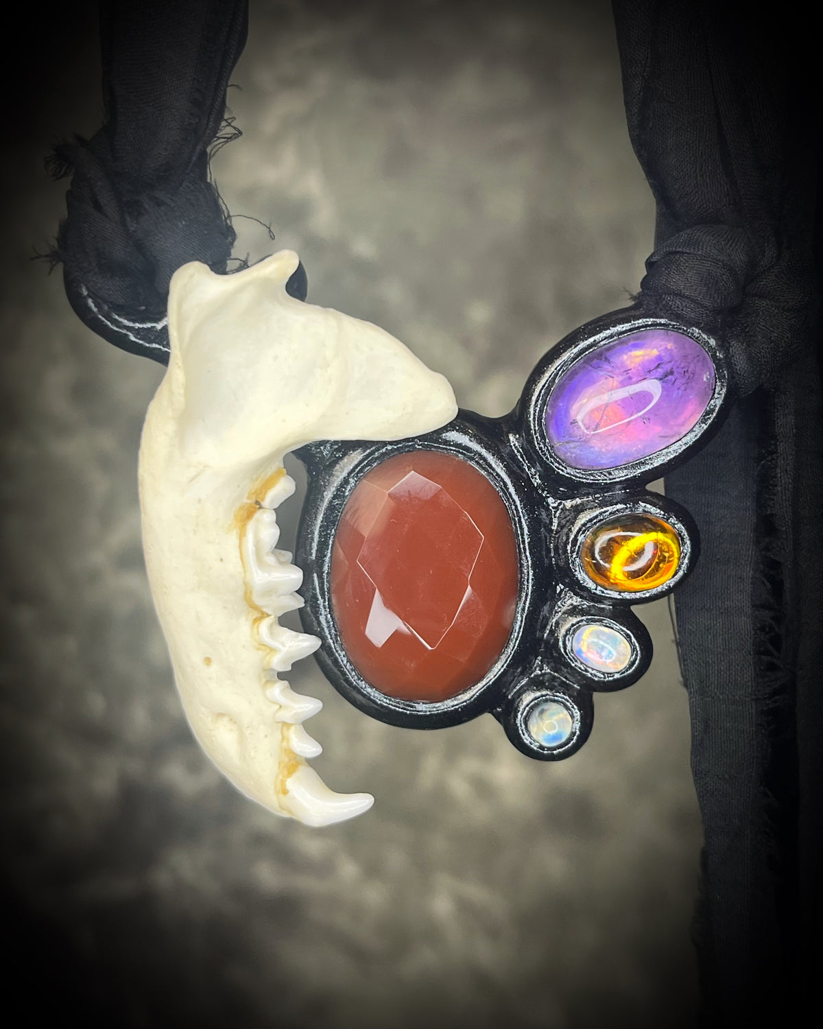 Otter jawbone talisman with a faceted carnelian center stone and amethyst, citrine, and moonstone accents in a sculptural black-finish setting on black recycled silk, handmade by Become Spellbound in Baltimore, Maryland.