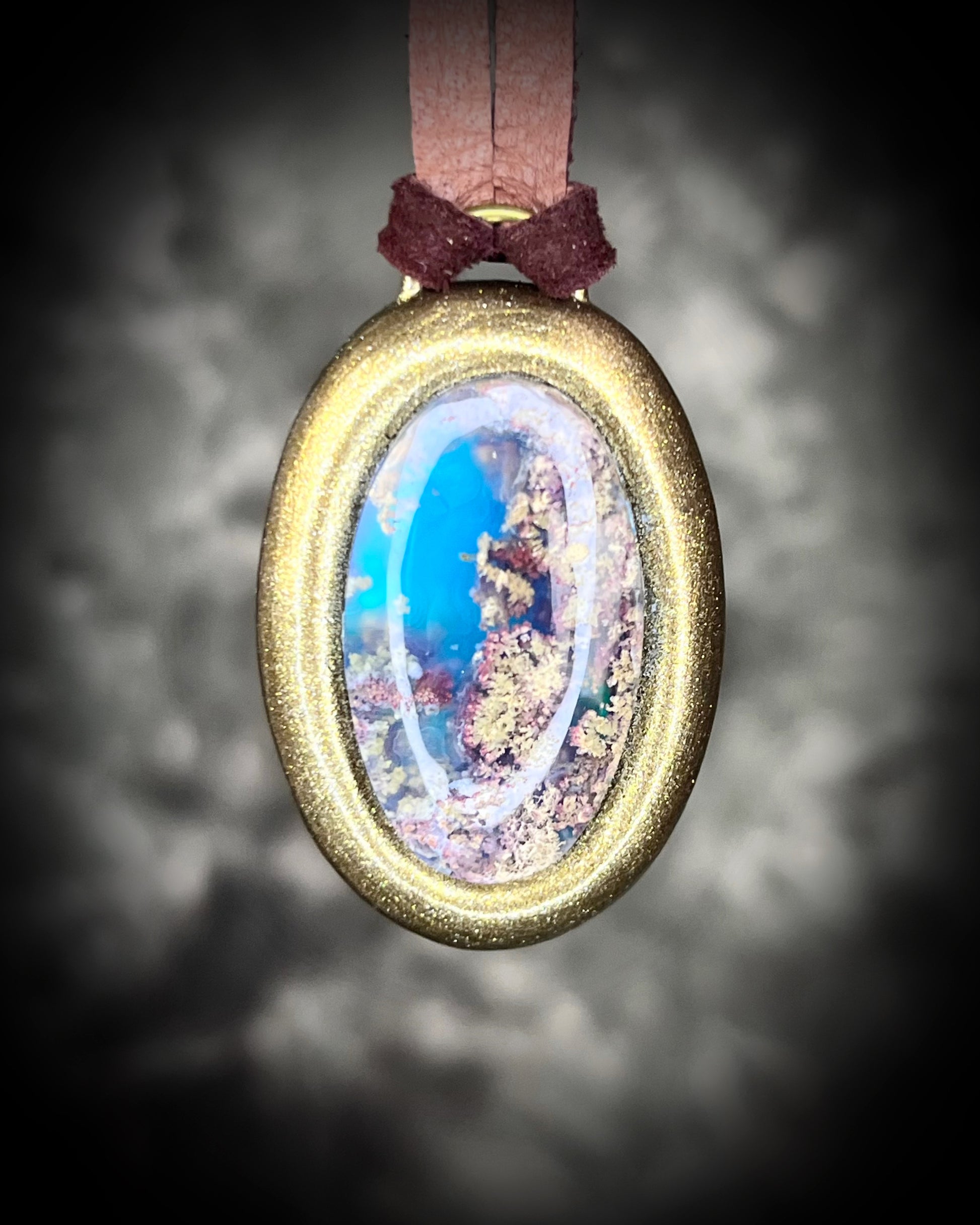 Oval Scenic Moss Agate pendant in gold setting on brown leather cord. Handmade holiday gift for her.