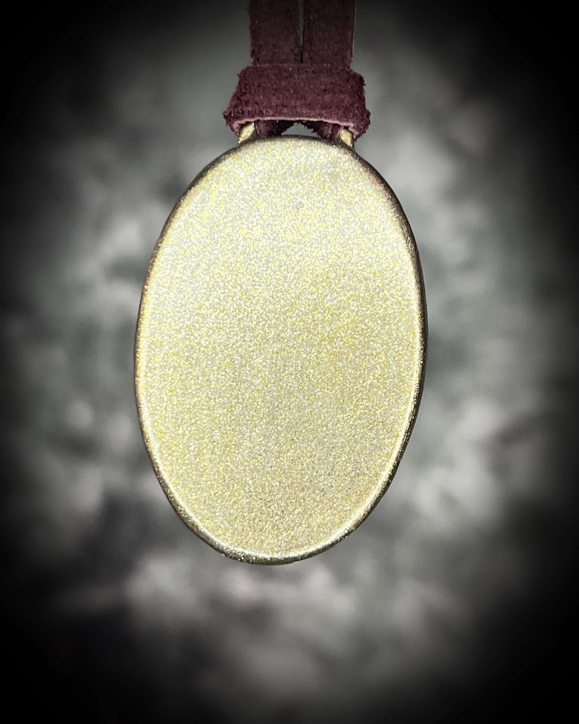 Oval Scenic Moss Agate pendant in gold setting on brown leather cord. Handmade holiday gift for her.