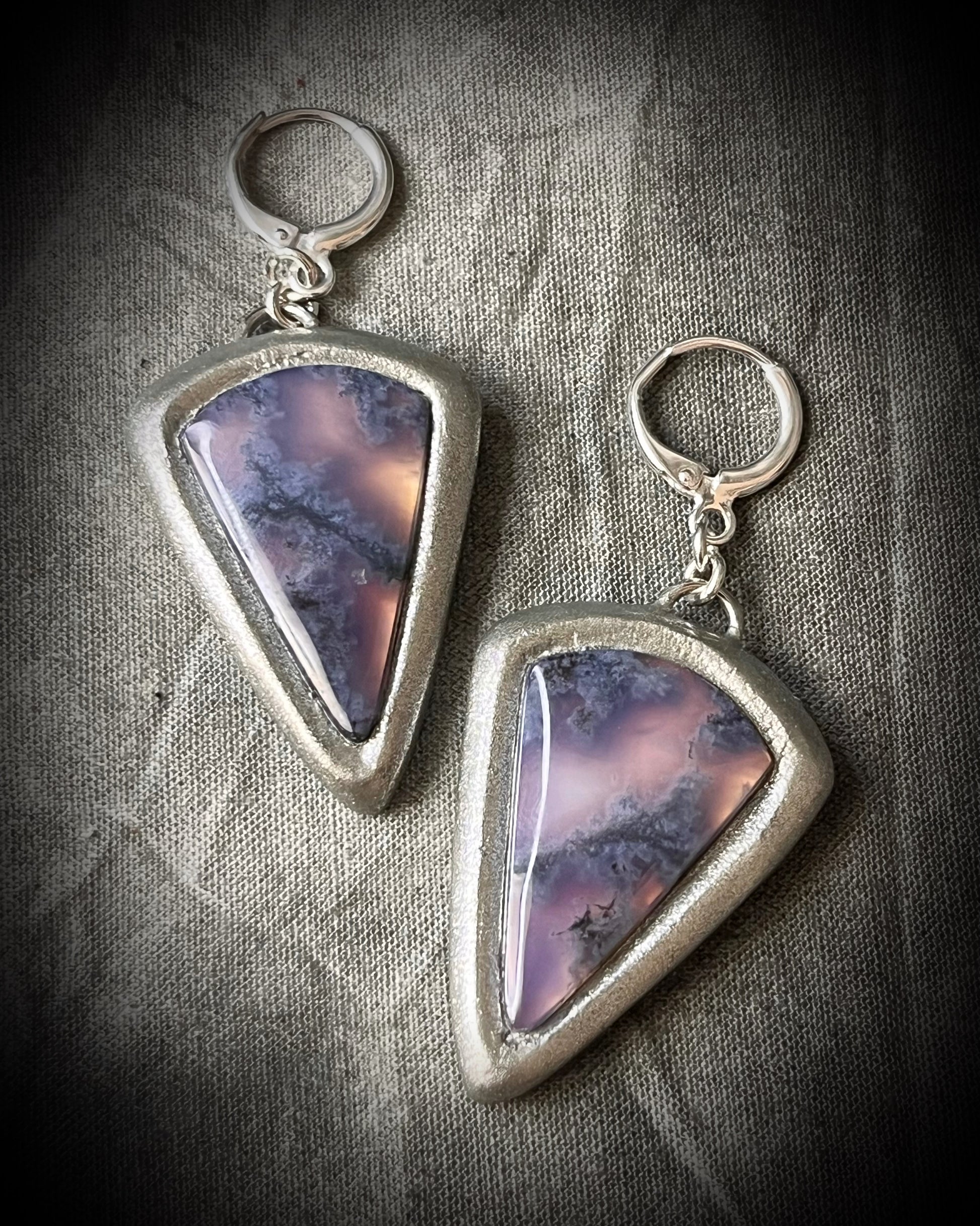 Pair of glowing lilac moss agate earrings with sterling plated huggie hooks,  silver earrings gift for her. 