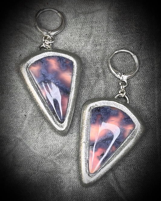 Pair of glowing lilac moss agate earrings with sterling plated huggie hooks,  silver earrings gift for her. 