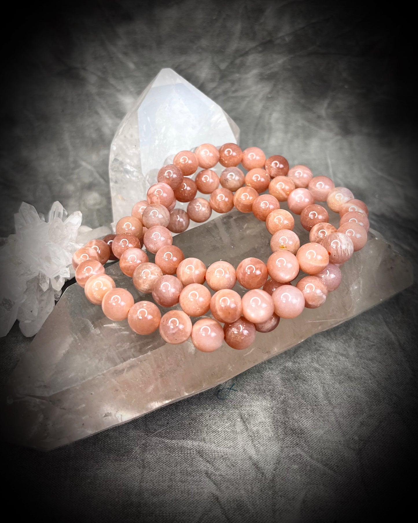 Peach Moonstone Raw stone, natural crystal healing beaded bracelets for protection, grounding, emf shielding and gemstone magic!  Crystal stacking bracelets for modern maximalism and dopamine dressing!