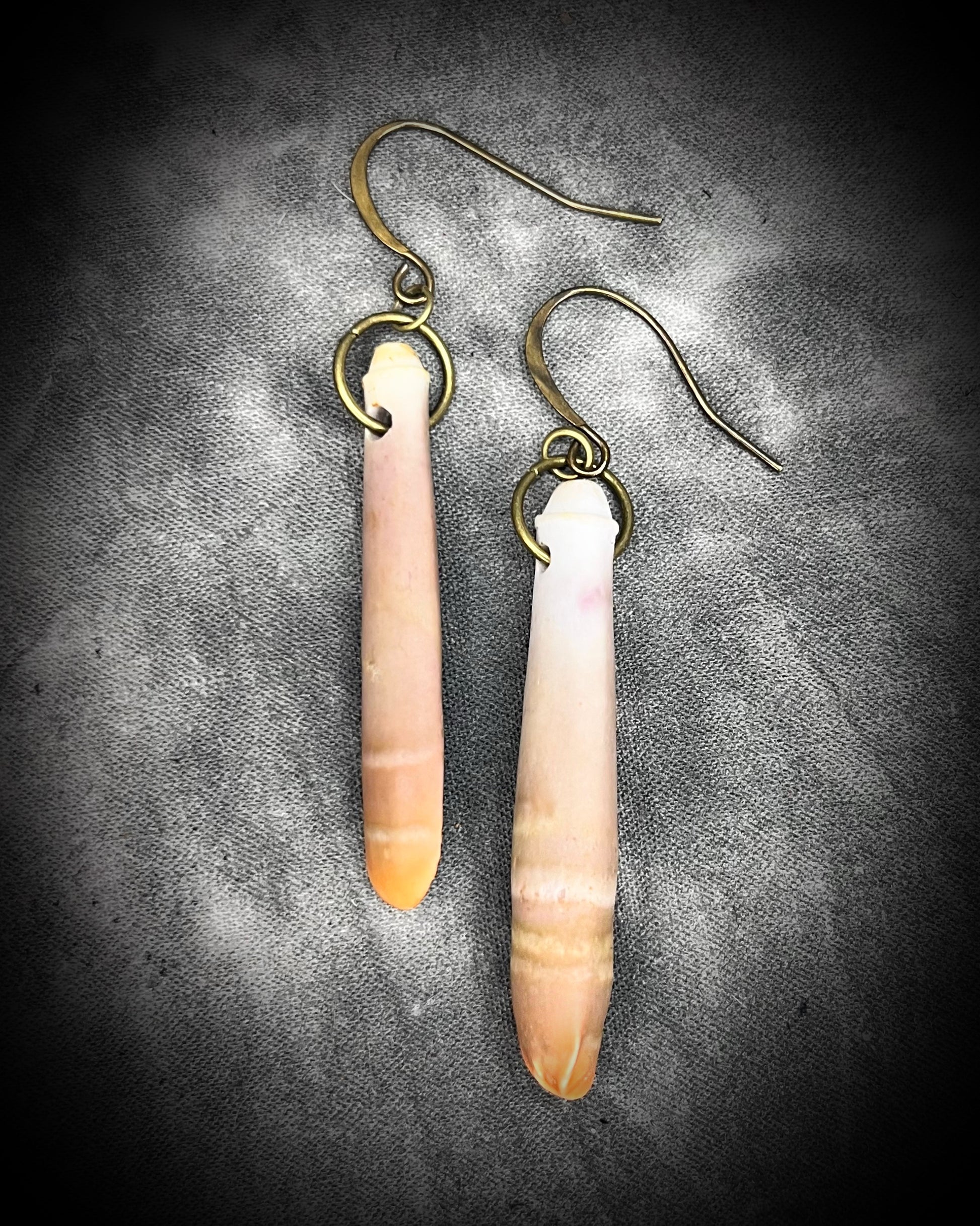 Peachy orange and white sea urchin spine earrings on brass hooks — oceanic boho statement jewelry.