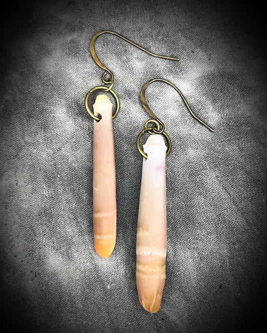Peachy orange and white sea urchin spine earrings on brass hooks — oceanic boho statement jewelry.