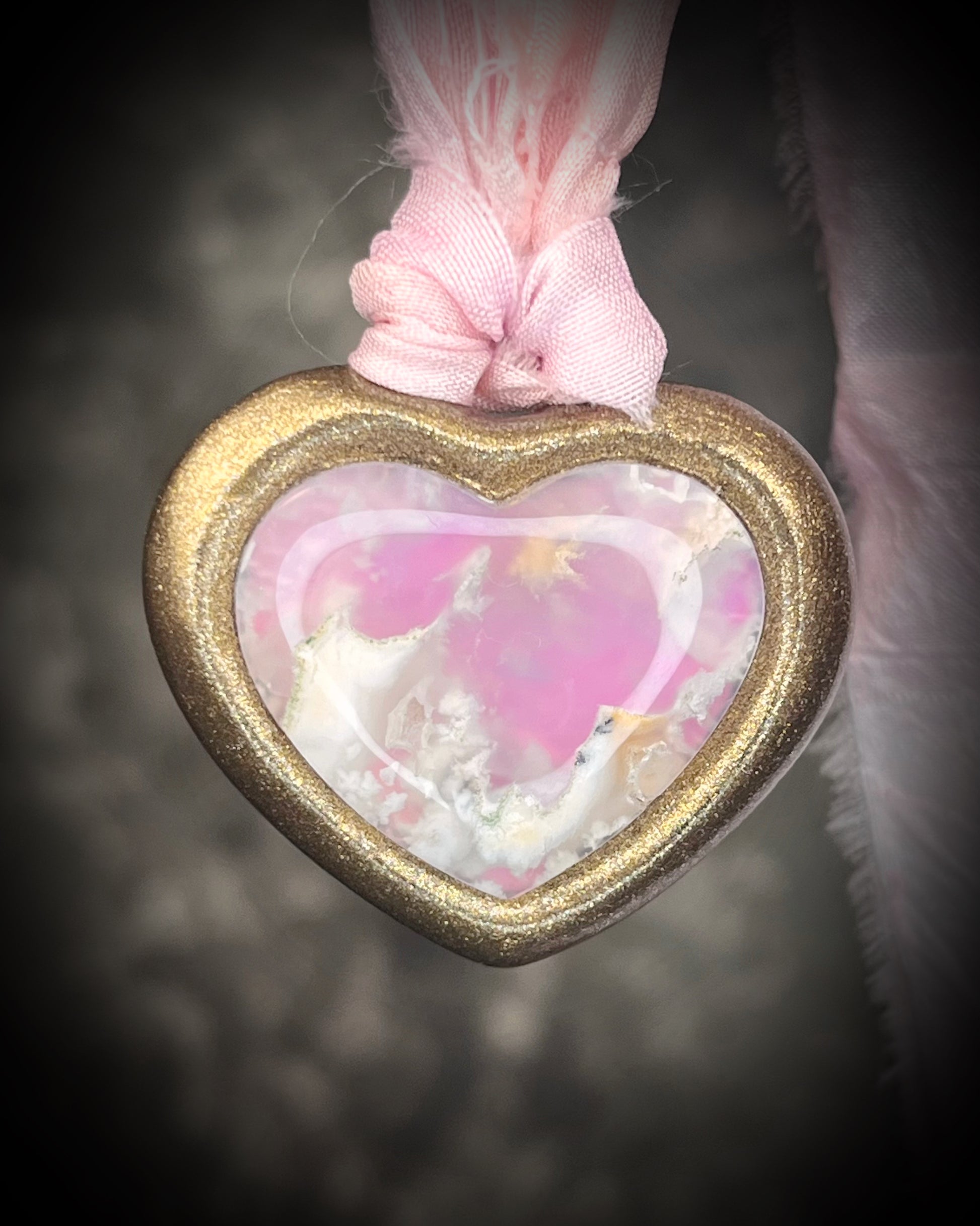 Pink Plume Agate Heart Shaped Crystal Necklace on soft pink recycled silks. Handmade by Baltimore Magazine's Best of Baltimore Jewelry Winner for 2026: Become Spellbound.