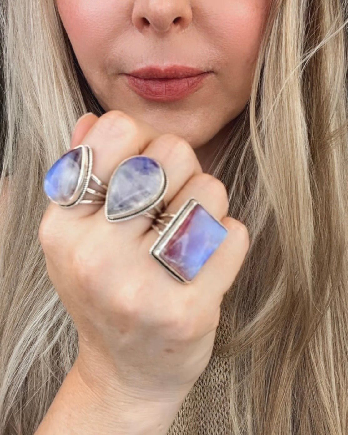 Pink moonstone sterling silver ring with luminous blush tones and iridescent flash, celestial gemstone jewelry