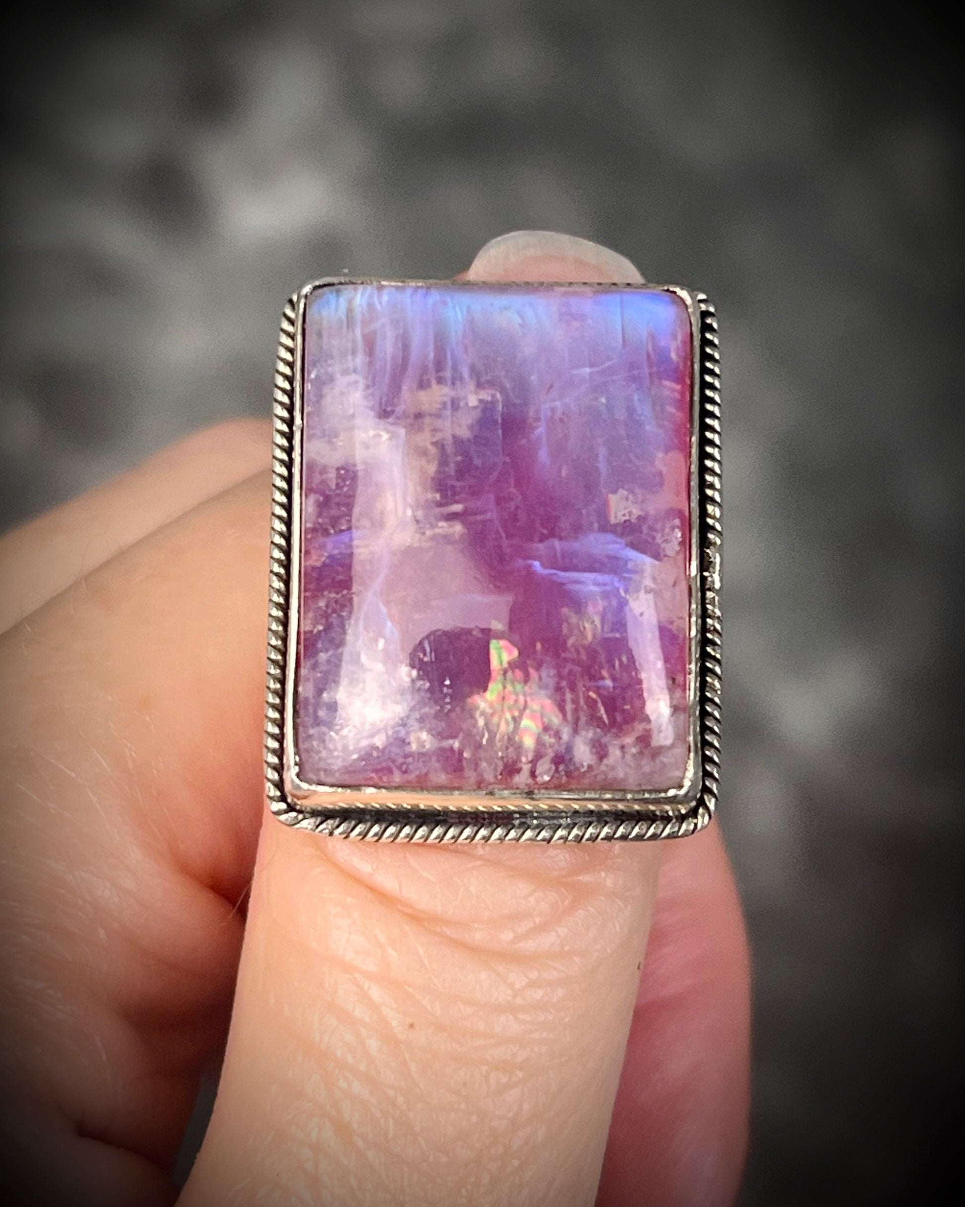 Pink moonstone sterling silver ring with luminous magenta tones and iridescent flash, celestial gemstone jewelry 