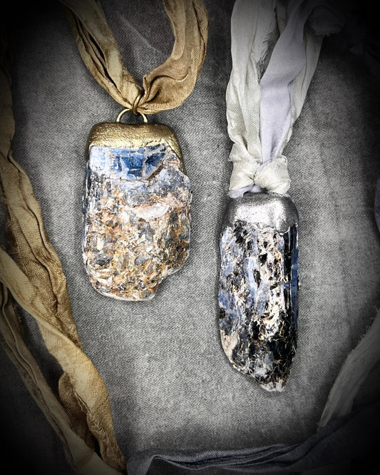Pride Festival inspired Ocean Blue Kyanite crystal healing throat chakra pendant on recycled silk for speaking your truth. Best travel jewelry for summer, sustainable festival jewelry or wedding necklace.