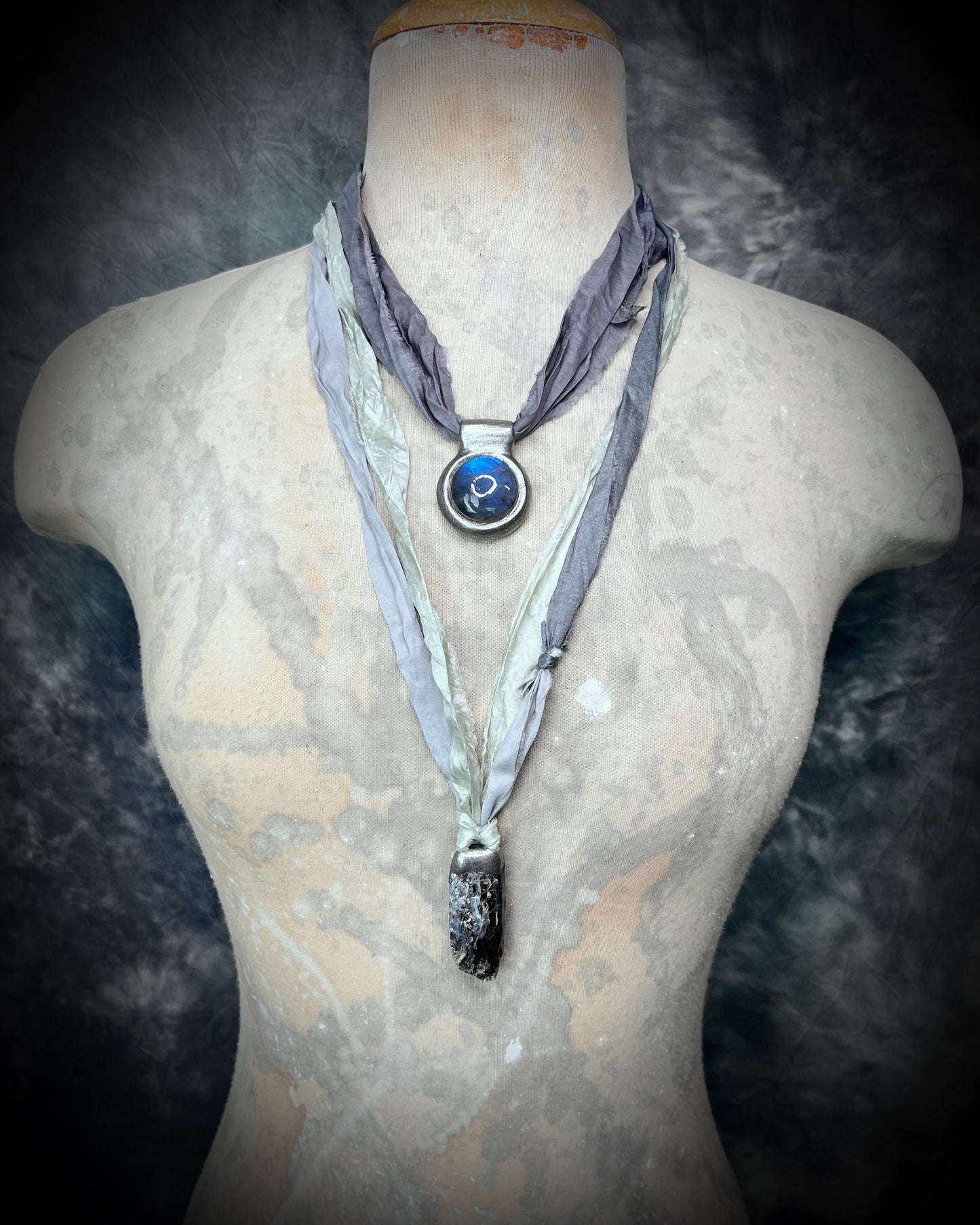 Blue Kyanite crystal healing throat chakra pendant on recycled silk for speaking your truth. Best travel jewelry for summer, sustainable festival jewelry or wedding necklace.