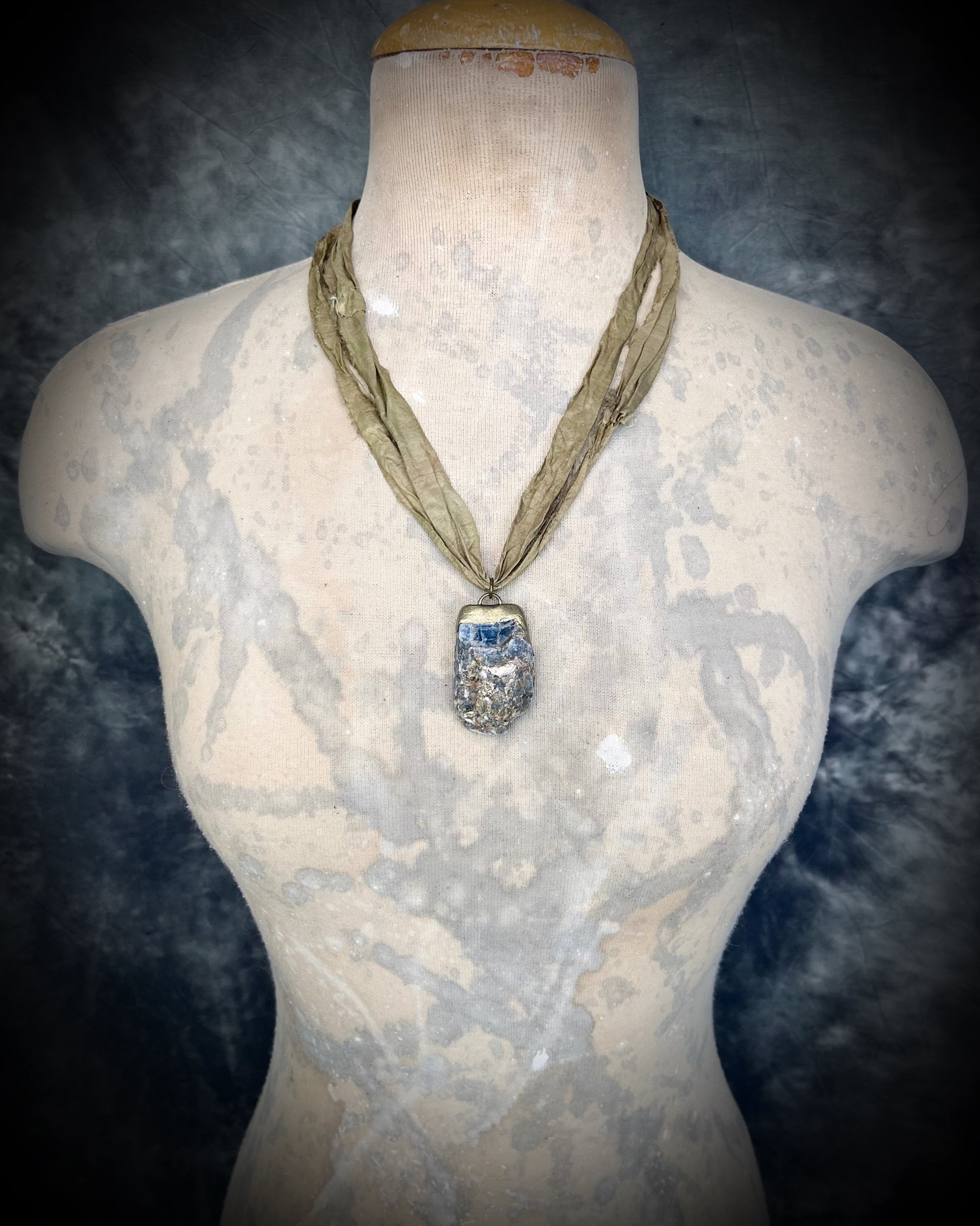 Ocean Blue Kyanite crystal healing throat chakra pendant on recycled silk for speaking your truth. Best travel jewelry for summer, sustainable festival jewelry or wedding necklace.