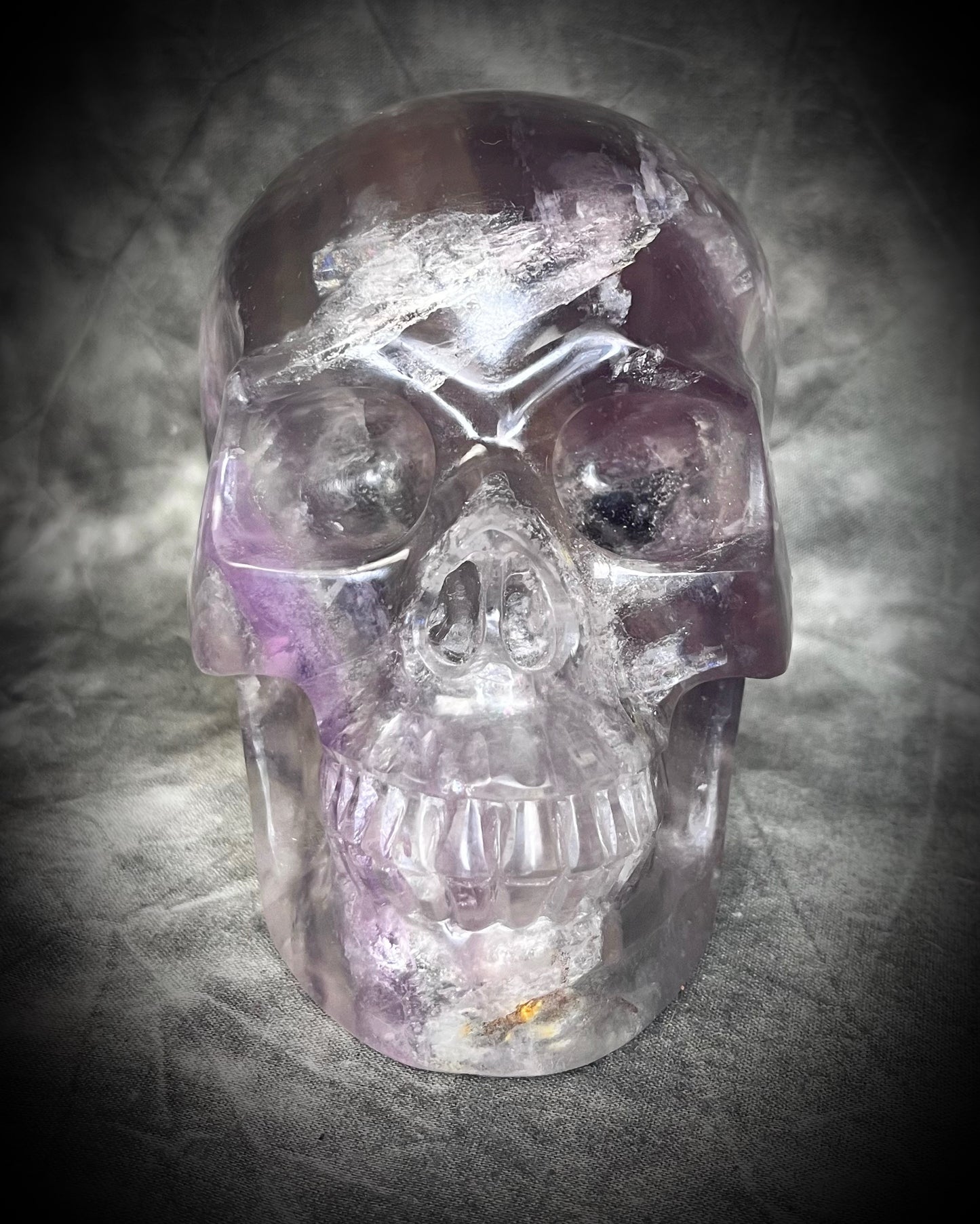 Purple Fluorite Crystal skull with shimmer and rainbows. 5" extra large crystal skull for holiday gifting, new year manifestation and magic.