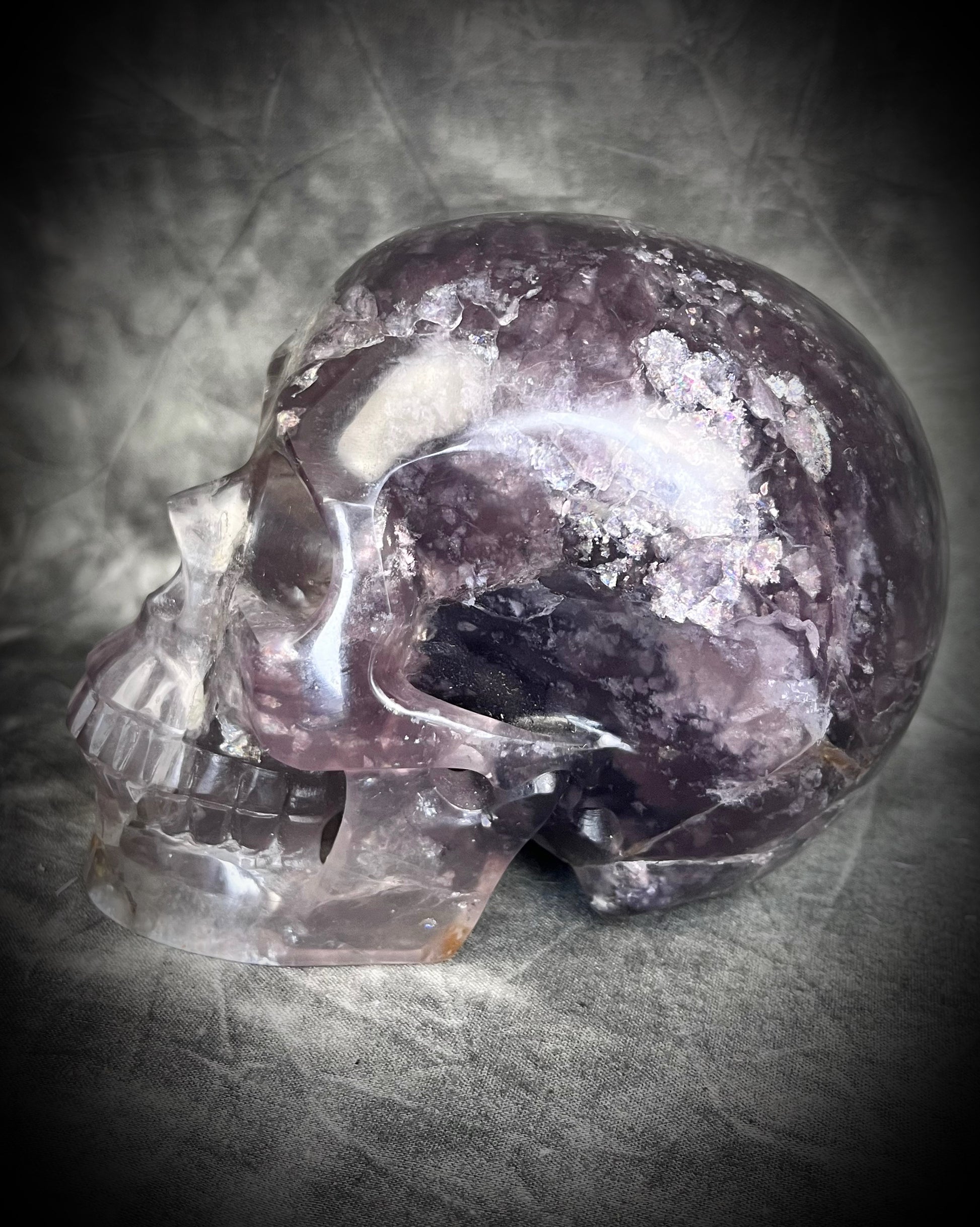 Purple Fluorite Crystal skull with shimmer and rainbows. 5" extra large crystal skull for gifting, manifestation and magic.