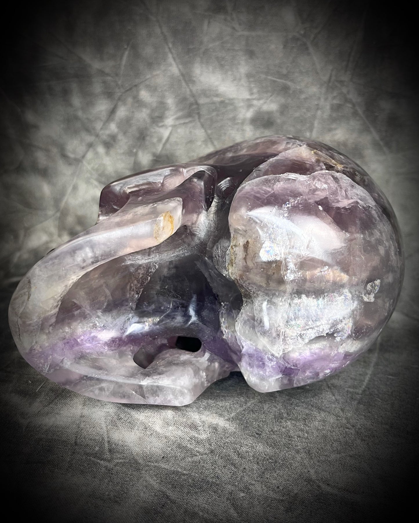 Purple Fluorite Crystal skull with shimmer and rainbows. 5" extra large crystal skull for gifting, manifestation and magic.