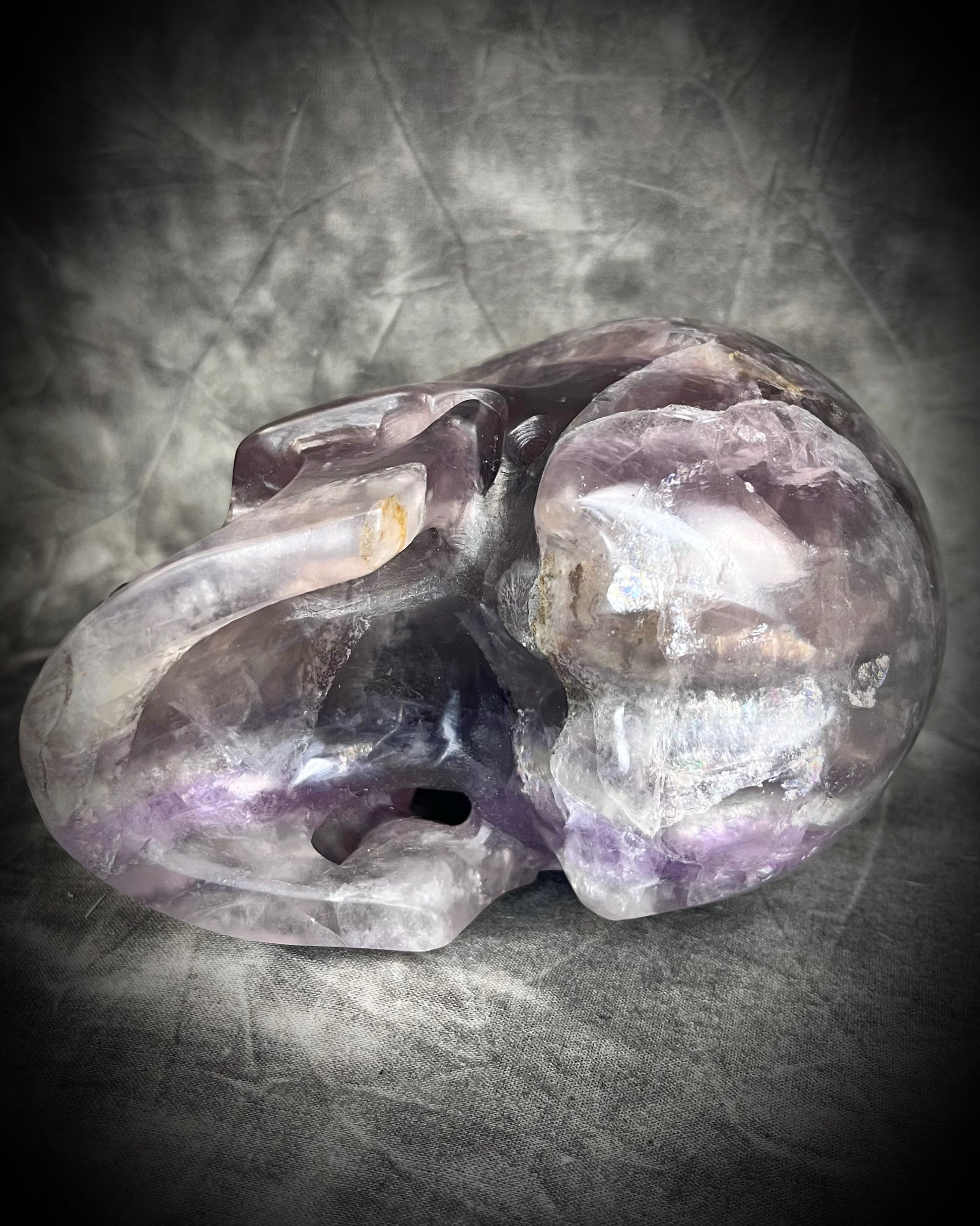 Purple Fluorite Crystal skull with shimmer and rainbows. 5" extra large crystal skull for gifting, manifestation and magic.