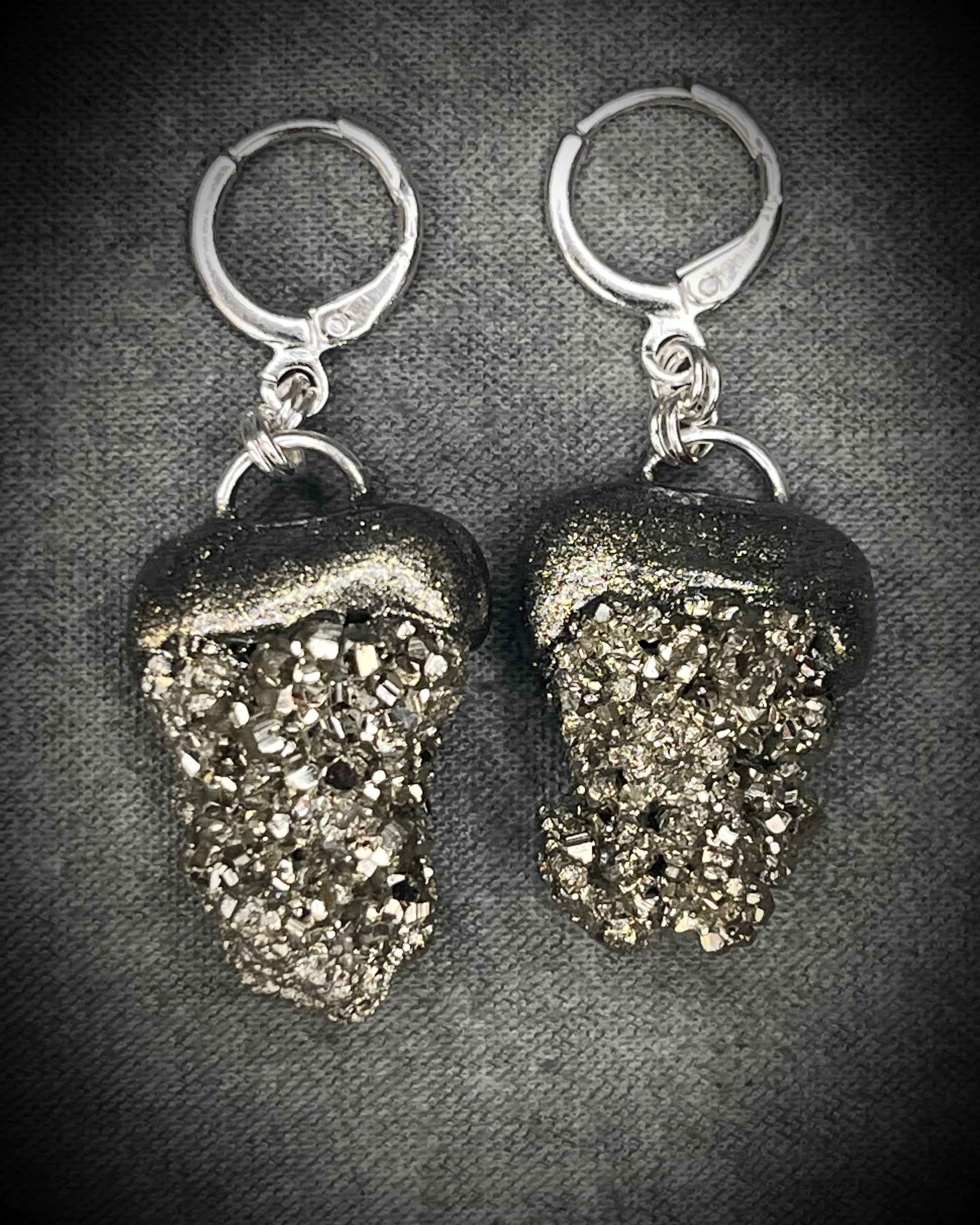 Pyrite dangle earrings with sterling-plated huggie hooks, sparkling gold-toned gemstone jewelry handmade in Baltimore Maryland