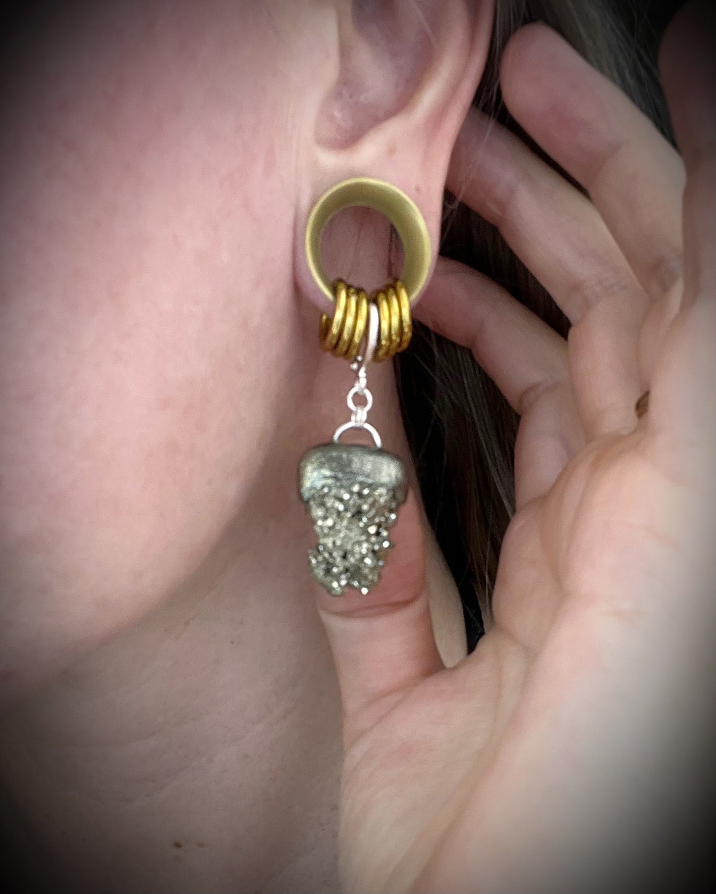 Pyrite dangle earrings with sterling-plated huggie hooks, sparkling gold-toned gemstone jewelry handmade in Baltimore Maryland