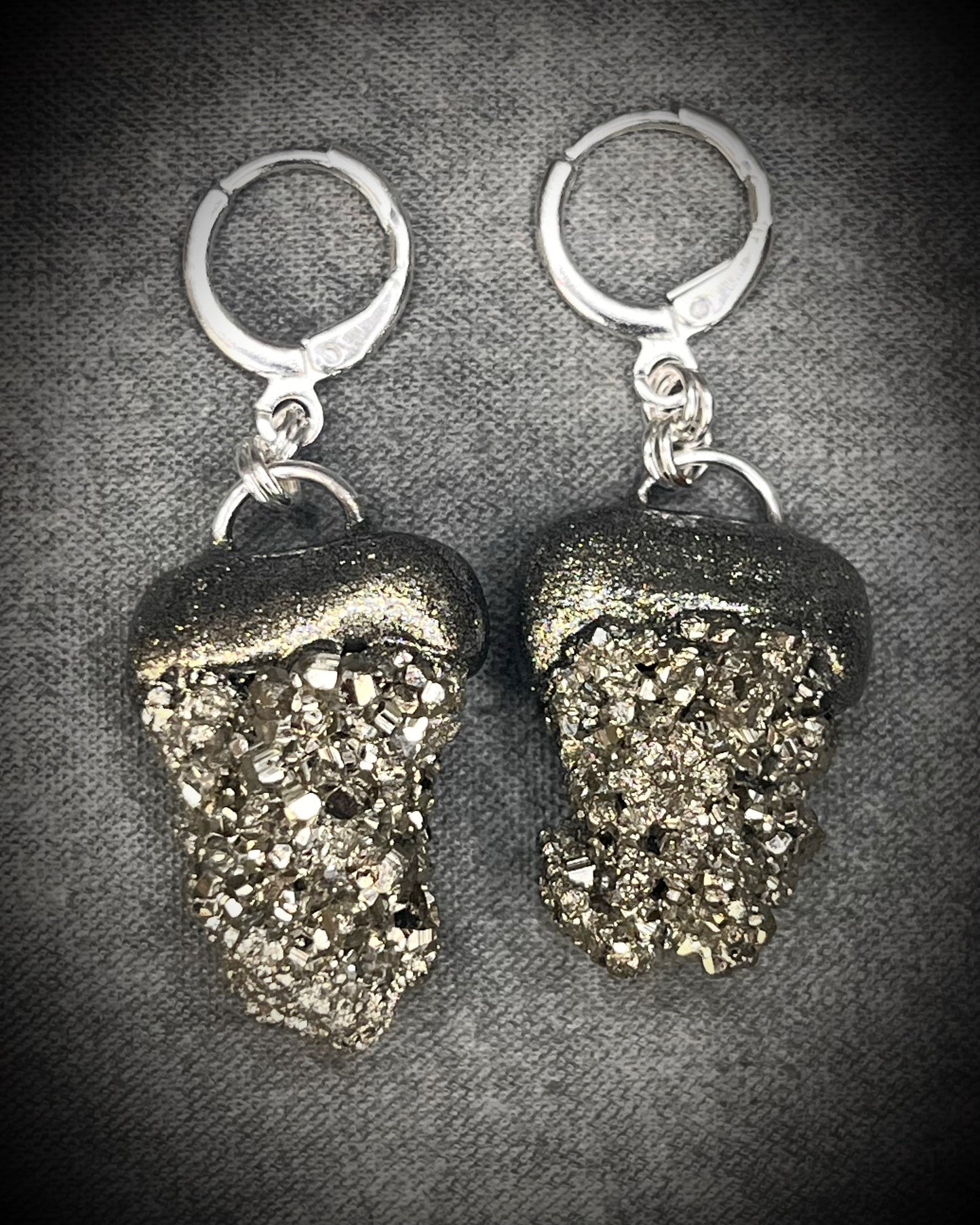 Pyrite dangle earrings with sterling-plated huggie hooks, sparkling gold-toned gemstone jewelry handmade in Baltimore Maryland