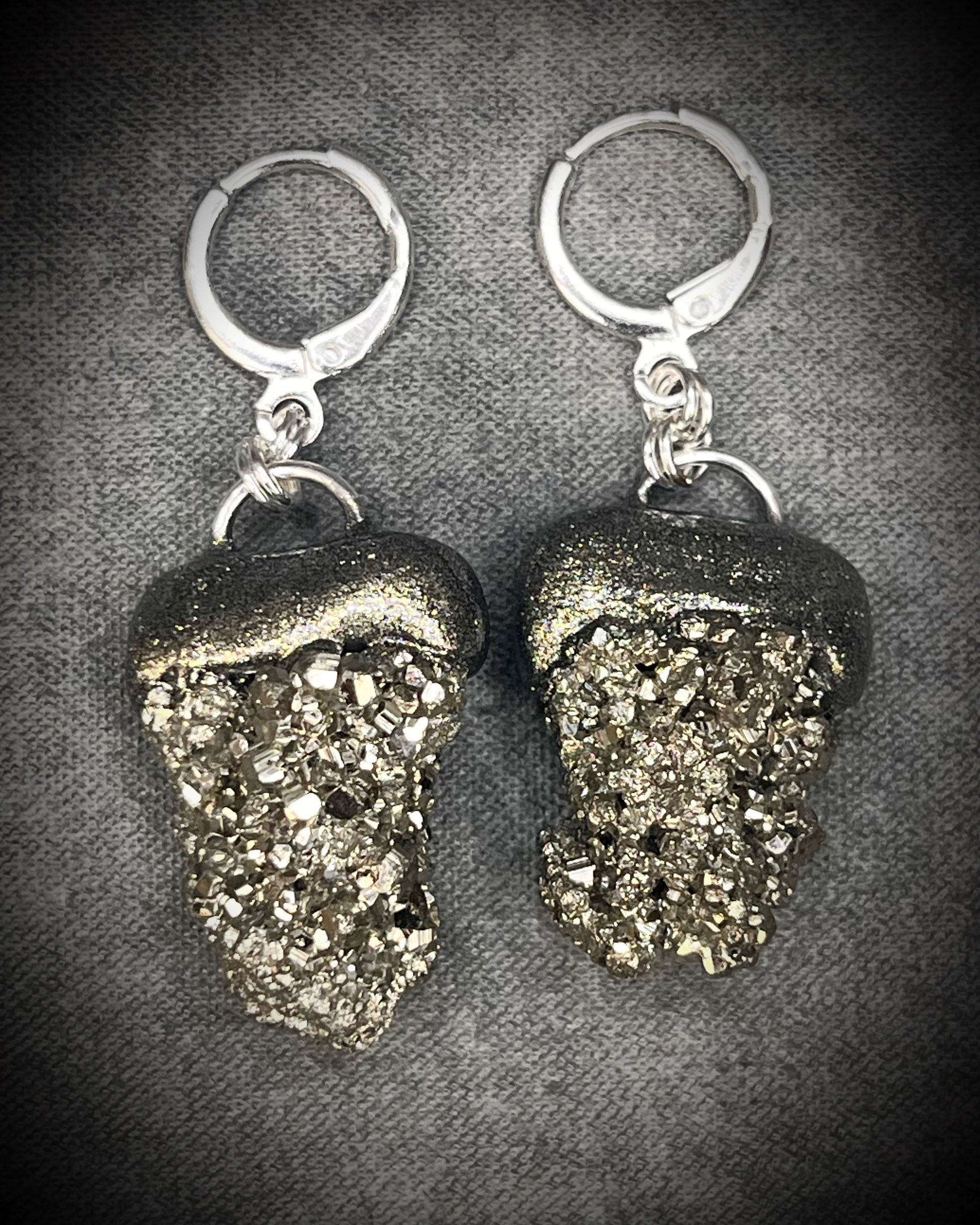 Pyrite dangle earrings with sterling-plated huggie hooks, sparkling gold-toned gemstone jewelry handmade in Baltimore Maryland