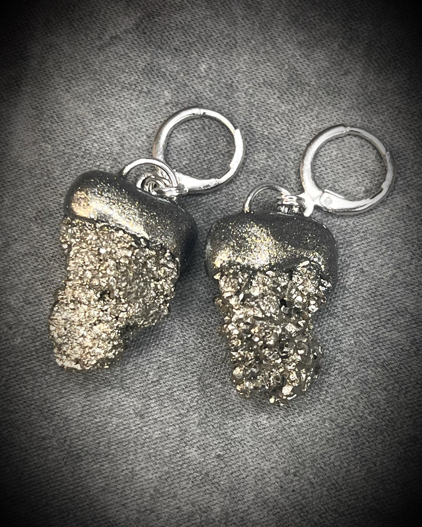 Pyrite dangle earrings with sterling-plated huggie hooks, sparkling gold-toned gemstone jewelry handmade in Baltimore Maryland
