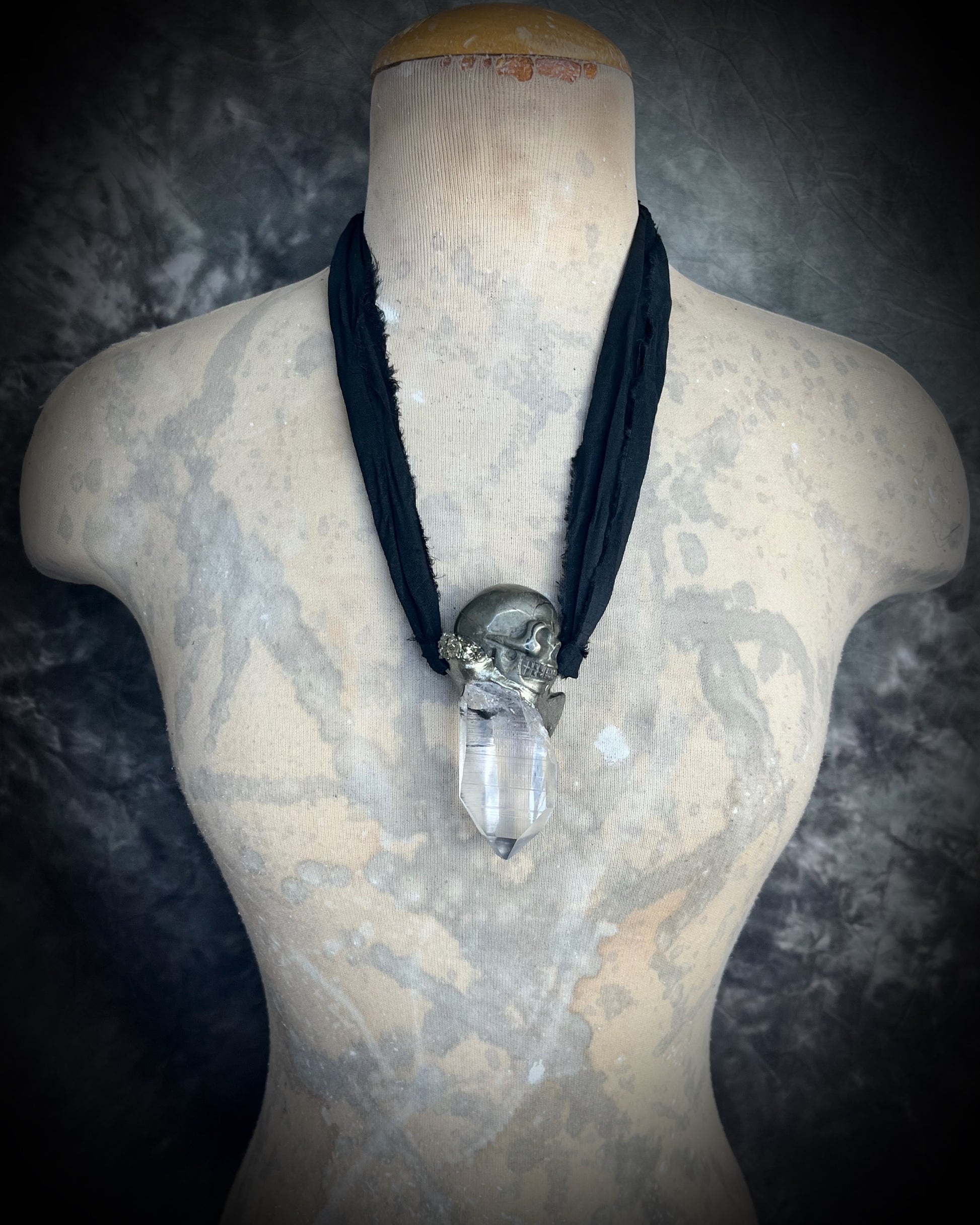 Pyrite skull pendant necklace with raw quartz crystal on black recycled silk, gothic crystal jewelry, handmade mystical talisman.