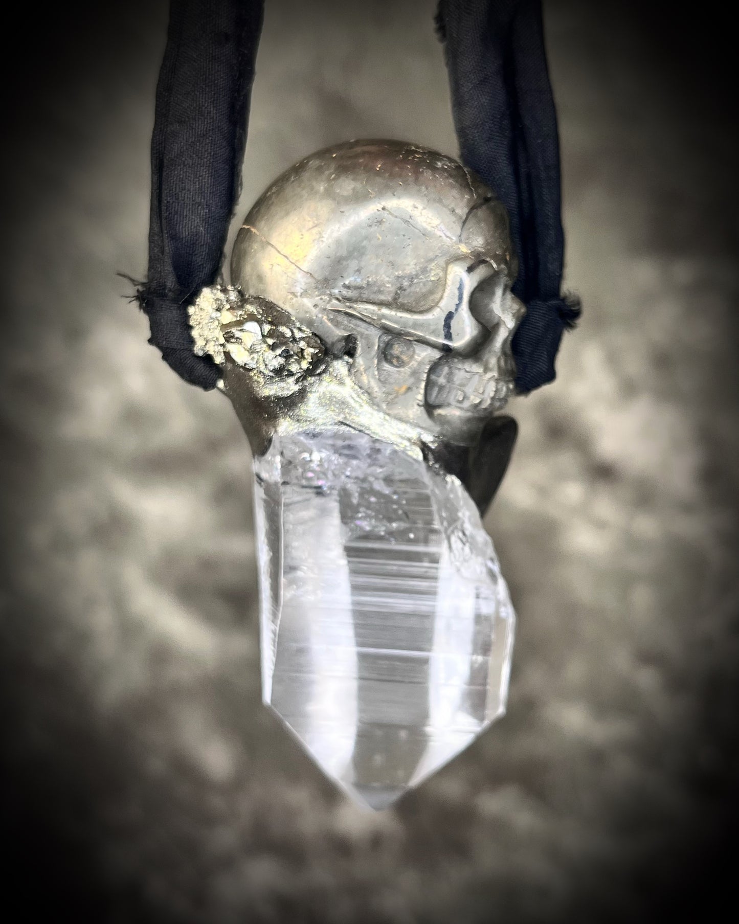 Pyrite skull pendant necklace with raw quartz crystal on black recycled silk, gothic crystal jewelry, handmade mystical talisman.