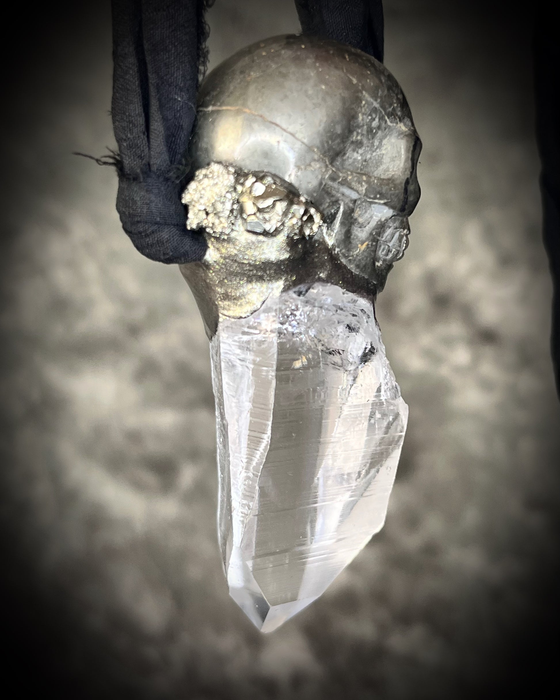 Pyrite skull pendant necklace with raw quartz crystal on black recycled silk, gothic crystal jewelry, handmade mystical talisman. 
