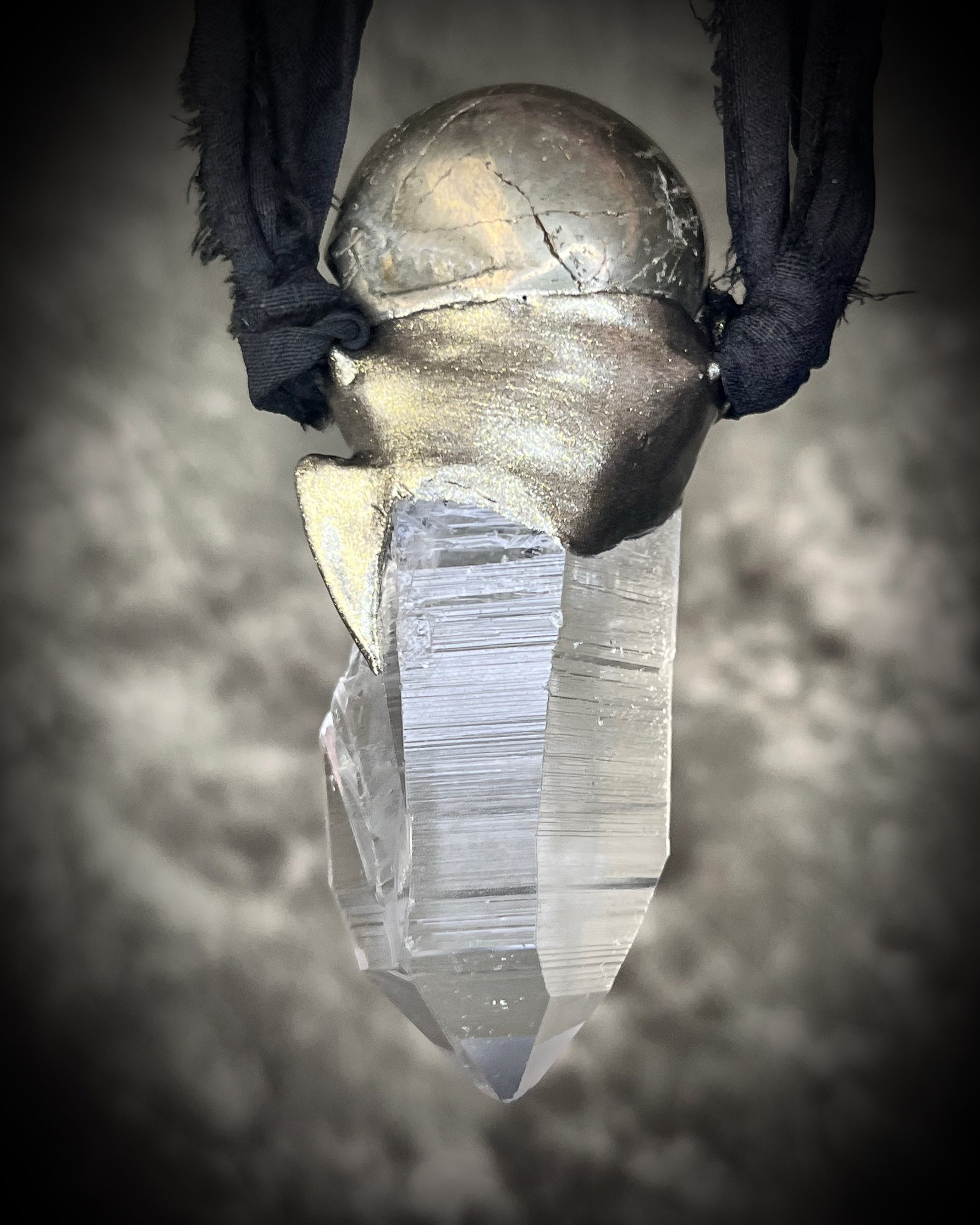 Pyrite skull pendant necklace with raw quartz crystal on black recycled silk, gothic crystal jewelry, handmade mystical talisman.