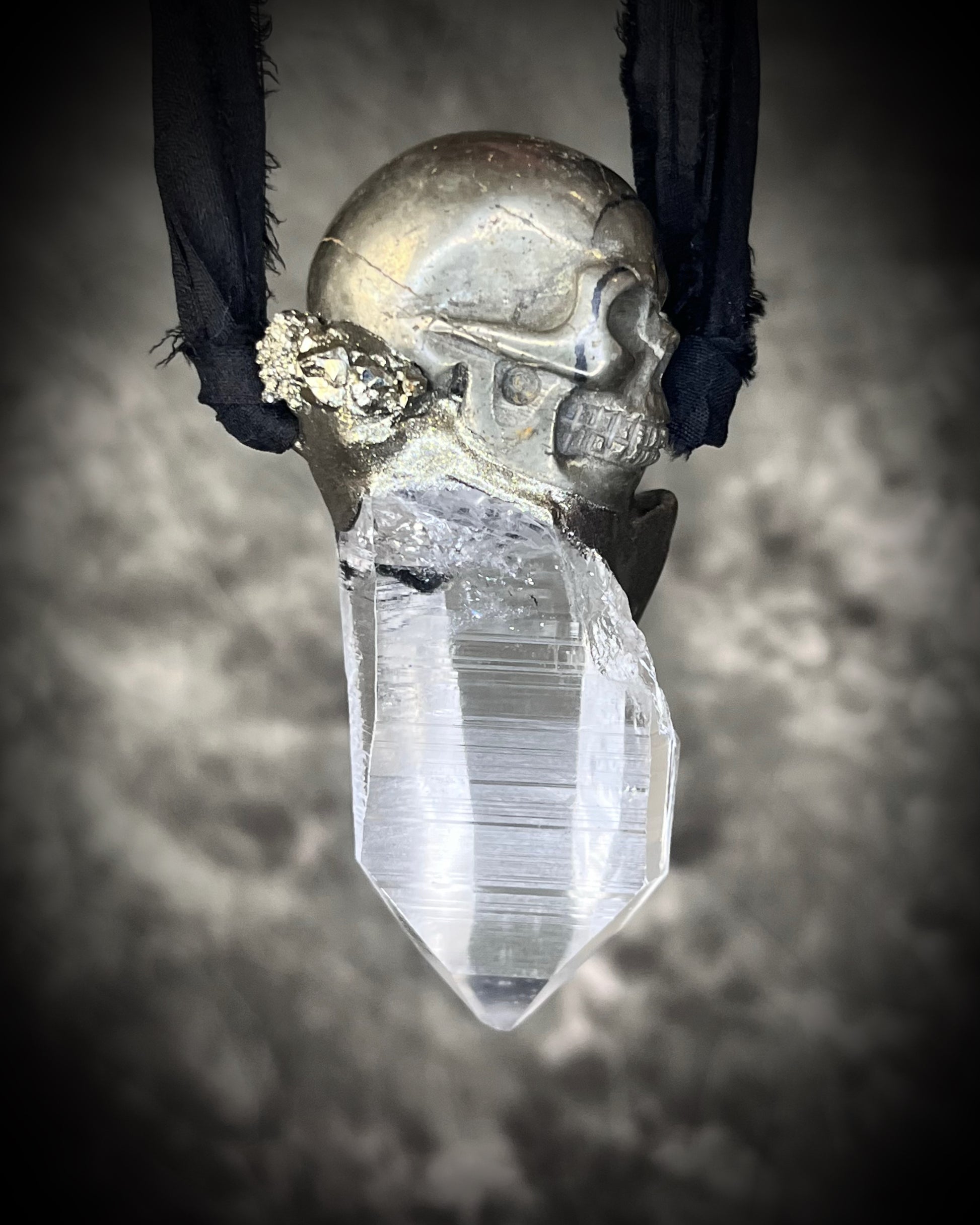 Pyrite skull pendant necklace with raw quartz crystal on black recycled silk, gothic crystal jewelry, handmade mystical talisman.