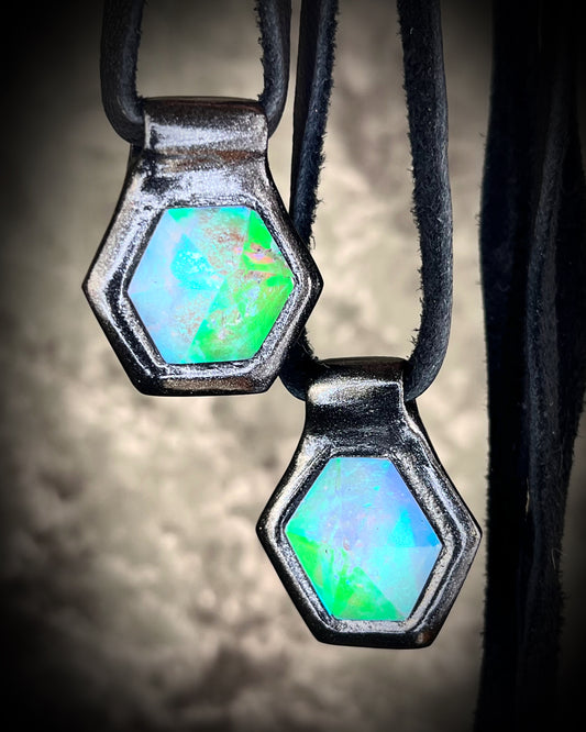 Handmade Quartz siren talisman, reminiscent of sunken treasure.  Aqua flash crystal necklace with black leather, perfect for witchy, mystical babes with a modern mermaid flair, summer festival jewelry, travel jewelry or bridesmaid gifting.