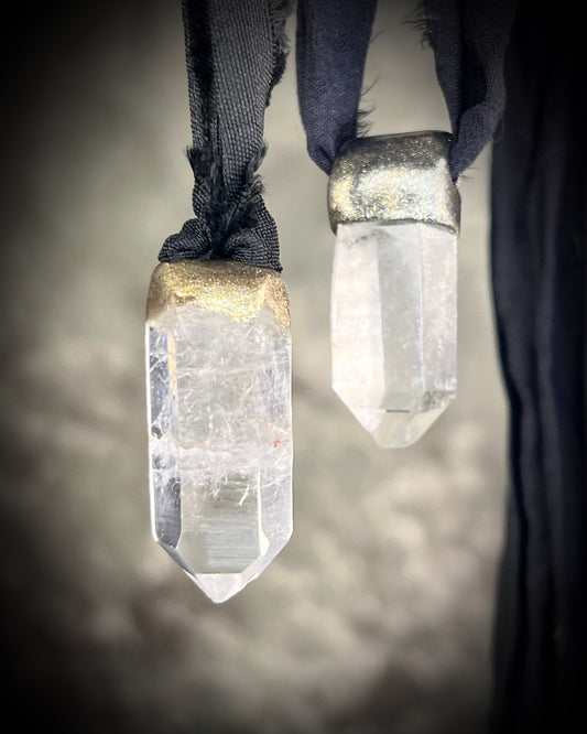 Quartz crystal charm in gold on black recycled silk.  Bag or purse charm, anklet or bracelet, car crystal, summer vacation , beach or bra crystal.  Versatile take-anywhere everyday magic.  