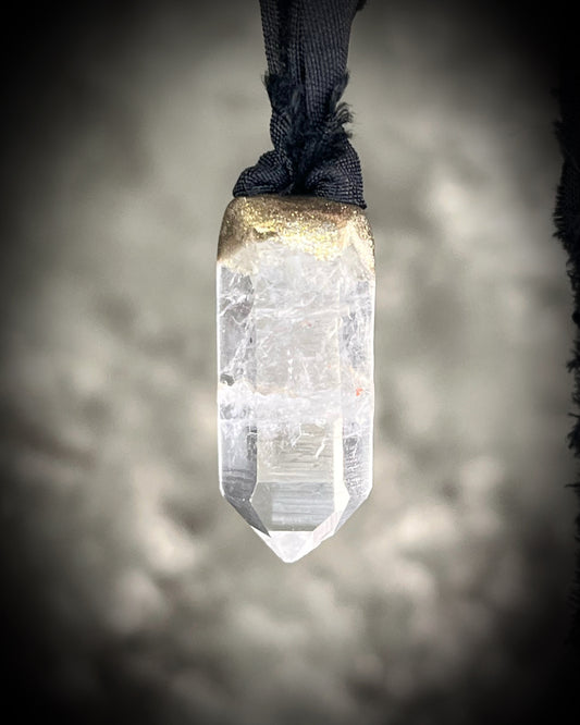 Quartz crystal charm in gold on black recycled silk.  Bag or purse charm, anklet or bracelet, car crystal, summer vacation , beach or bra crystal.  Versatile take-anywhere everyday magic.  