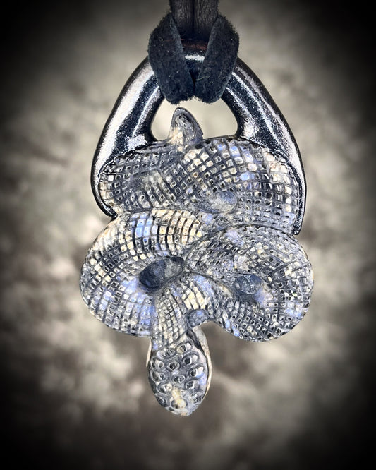 Que Sera crystal carved snake or serpent necklace for 2025 year of the snake.  Handmade and hung from black leather for a mystical goddess. 