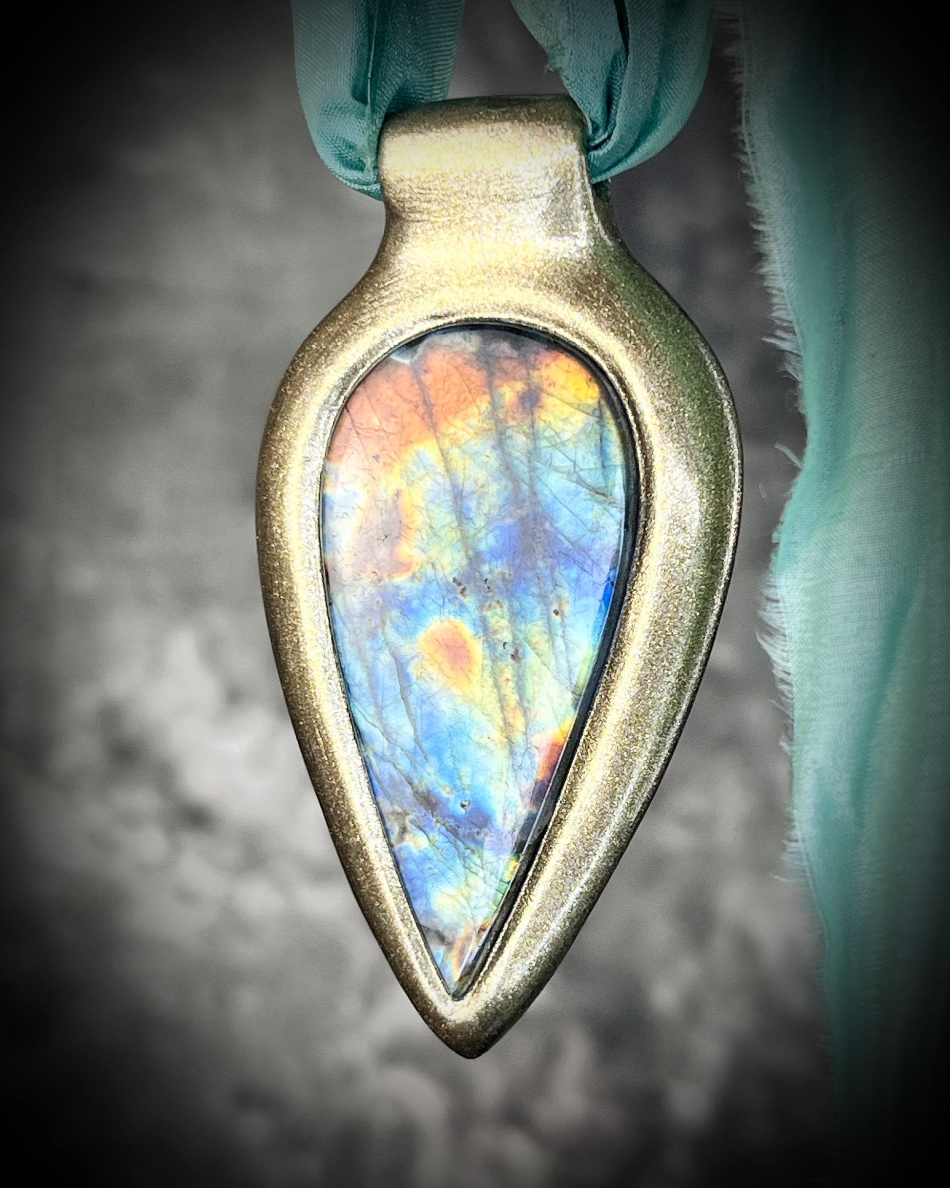 Rainbow Labradorite gemstone crystal healing talisman in Gold.  Handmade sculptural necklace gift for her on recycled silk for the eco-friendly goddess!