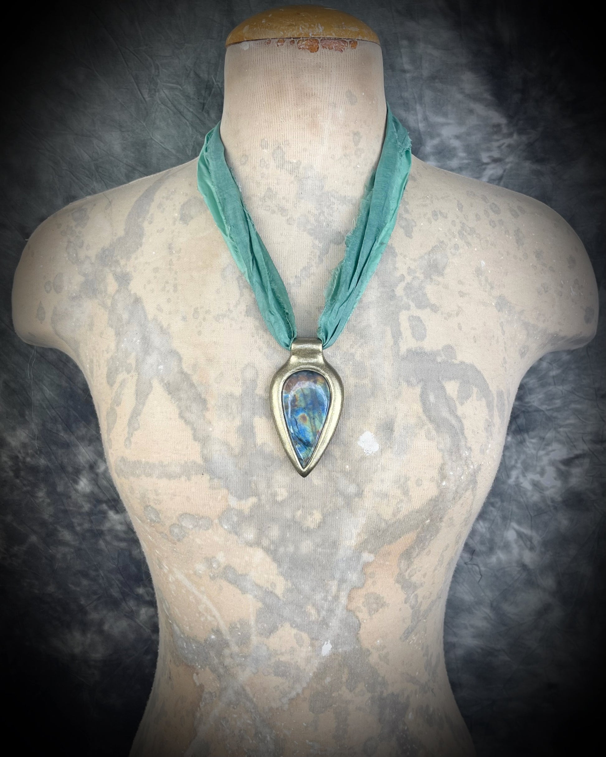 Rainbow Labradorite gemstone crystal healing talisman in Gold.  Handmade sculptural necklace gift for her on recycled silk for the eco-friendly goddess!