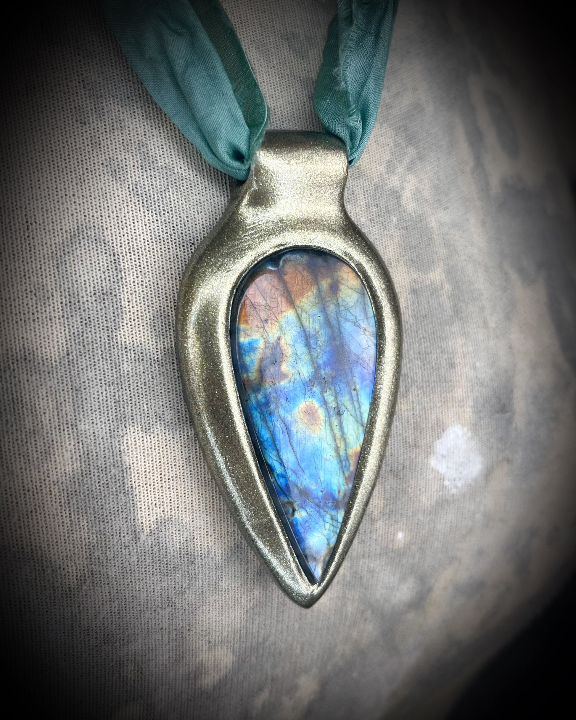 Rainbow Labradorite gemstone crystal healing talisman in Gold.  Handmade sculptural necklace gift for her on recycled silk for the eco-friendly goddess!