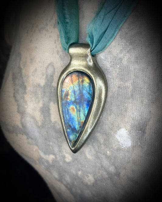 Rainbow Labradorite gemstone crystal healing talisman in Gold.  Handmade sculptural necklace gift for her on recycled silk for the eco-friendly goddess!