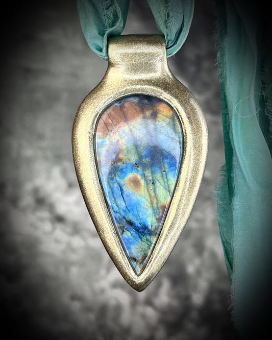 Rainbow Labradorite gemstone crystal healing talisman in Gold.  Handmade sculptural necklace gift for her on recycled silk for the eco-friendly goddess!