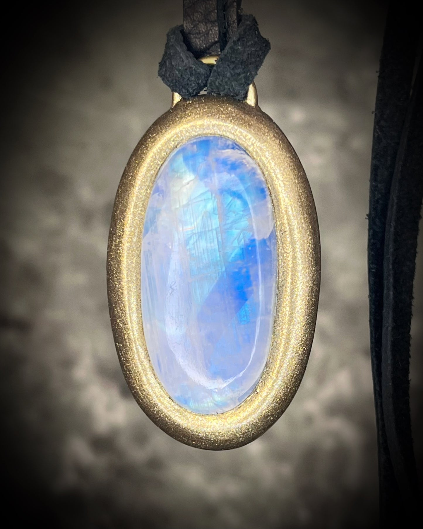 Rainbow Moonstone Crystal goddess necklace. Handmade gemstone pendant on black leather. Best intuitive gift for her. 