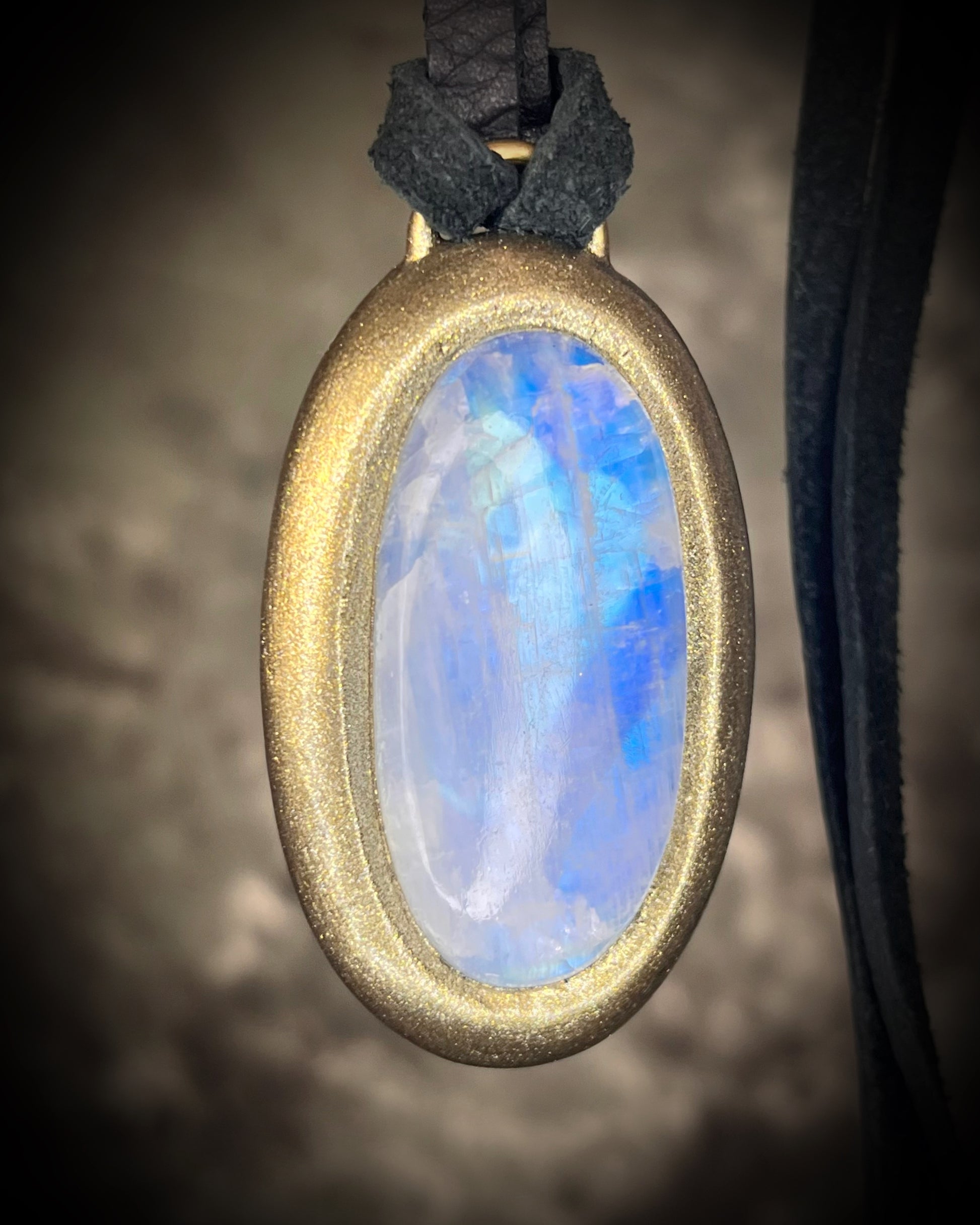 Rainbow Moonstone Crystal goddess necklace. Handmade gemstone pendant on black leather. Best intuitive gift for her. 