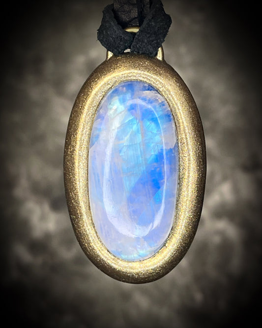 Rainbow Moonstone Crystal goddess necklace. Handmade gemstone pendant on black leather. Best intuitive gift for her. 