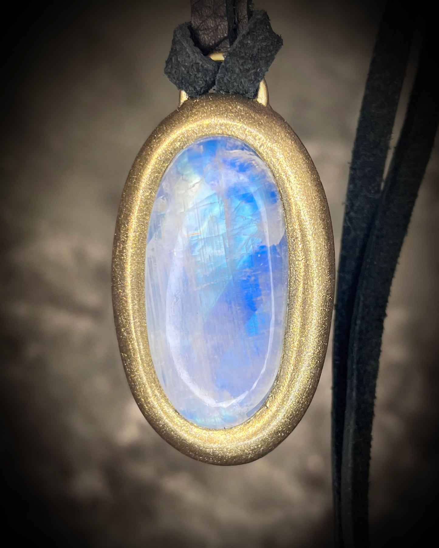 Rainbow Moonstone Crystal goddess necklace. Handmade gemstone pendant on black leather. Best spiritual gift for her. 