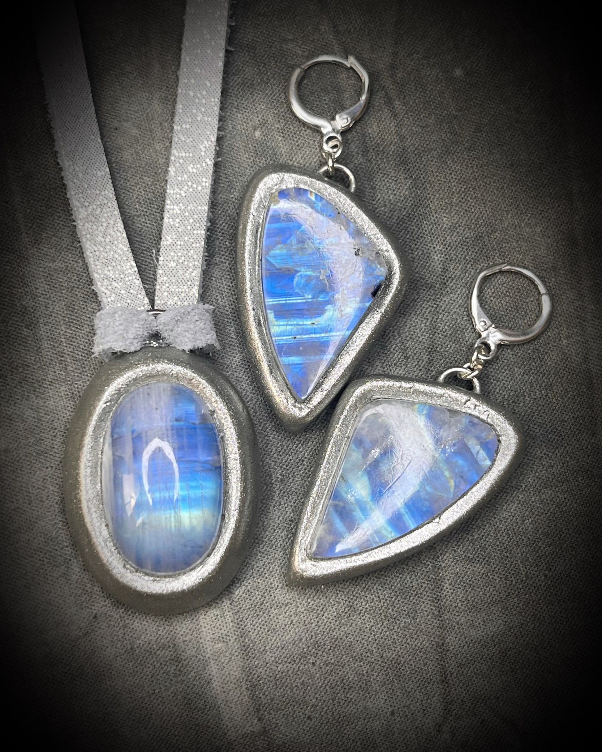 Rainbow Moonstone Gemstone Dangle Earrings in a silver finish for intuition and goddess magic. Flashy Crystal Statement Dangles for her. 