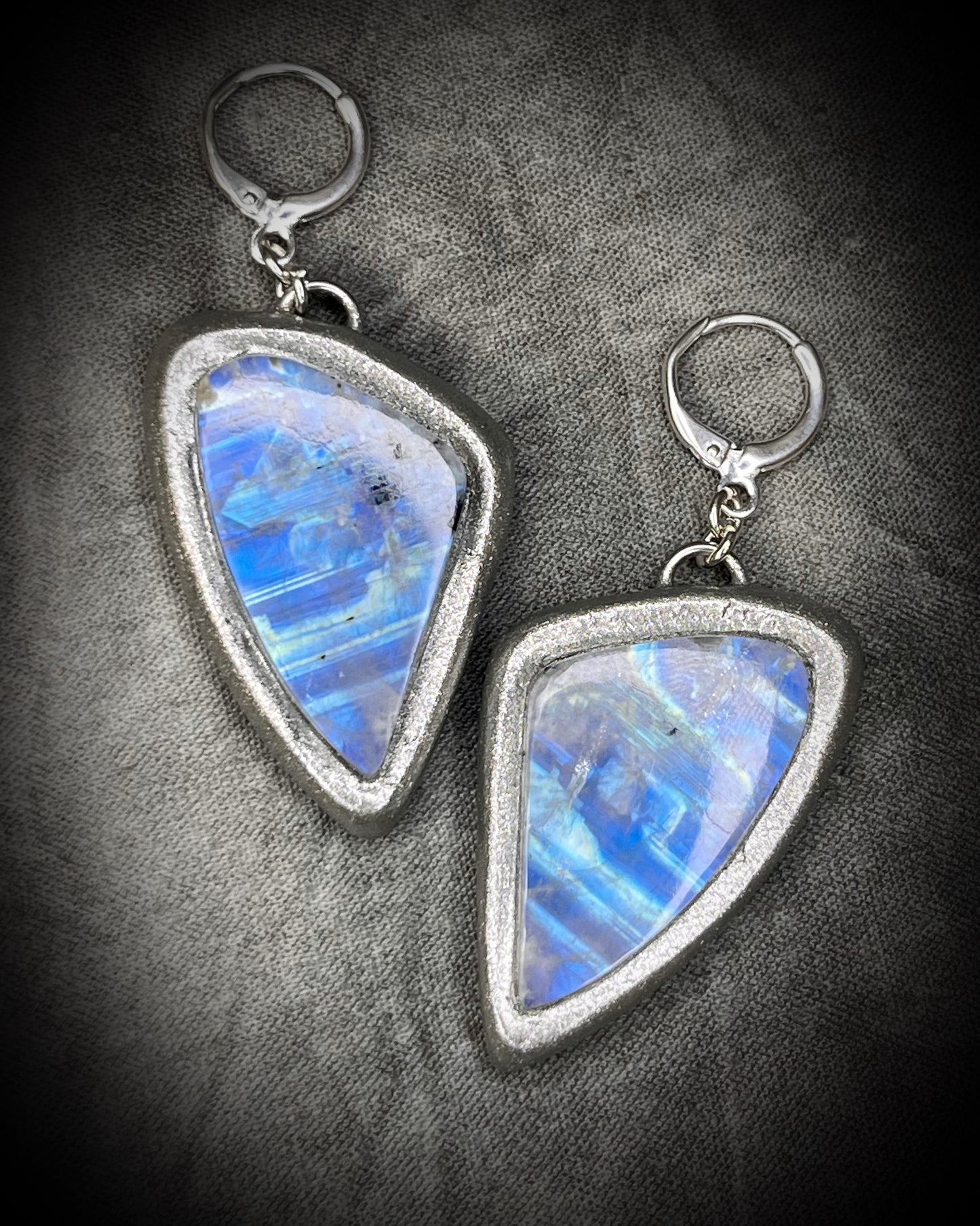 Rainbow Moonstone Gemstone Dangle Earrings in a silver finish for intuition and goddess magic. Flashy Crystal Statement Dangles for her.  