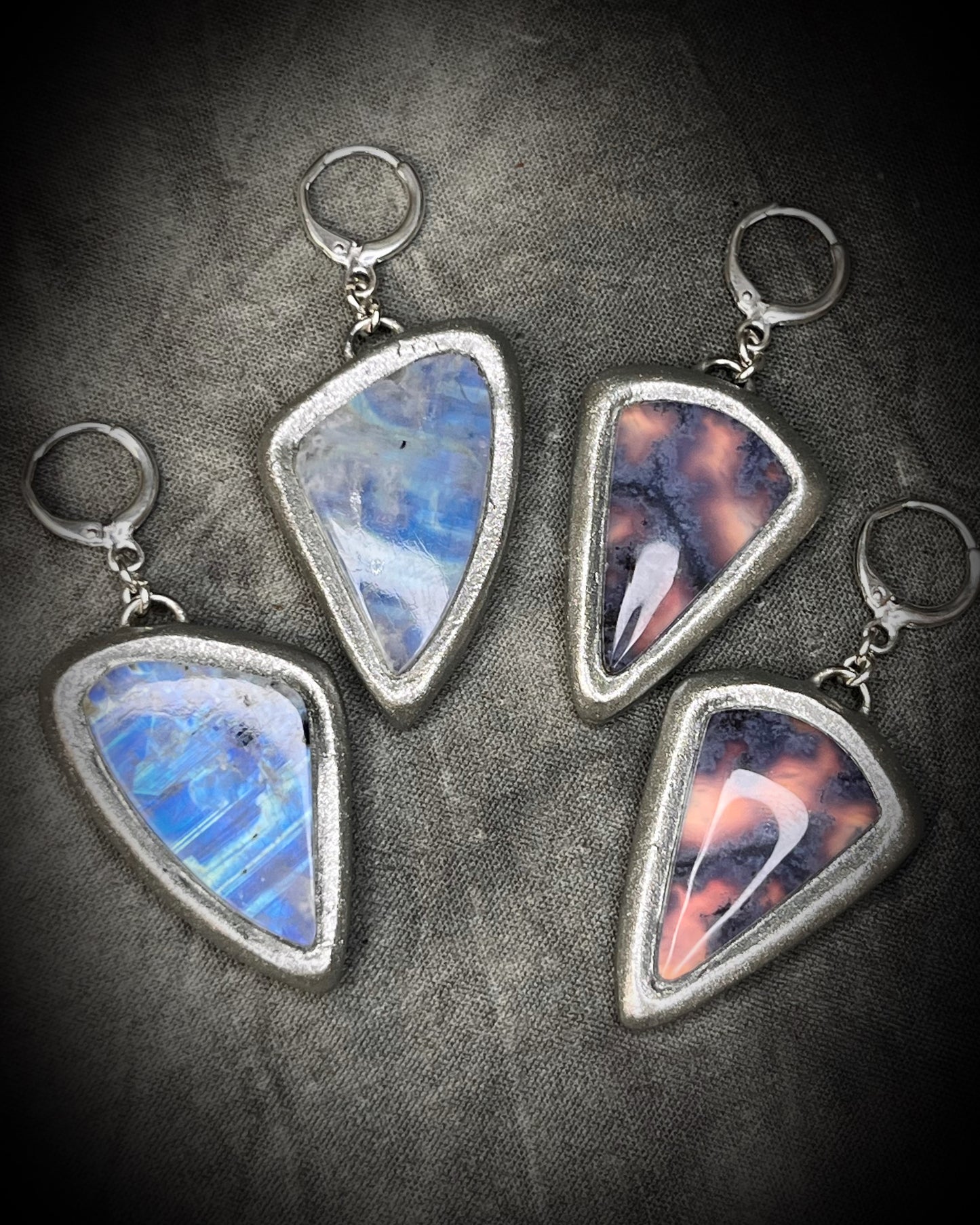 Rainbow Moonstone Gemstone Dangle Earrings in a silver finish for intuition and goddess magic. Flashy Crystal Statement Dangles for her.  