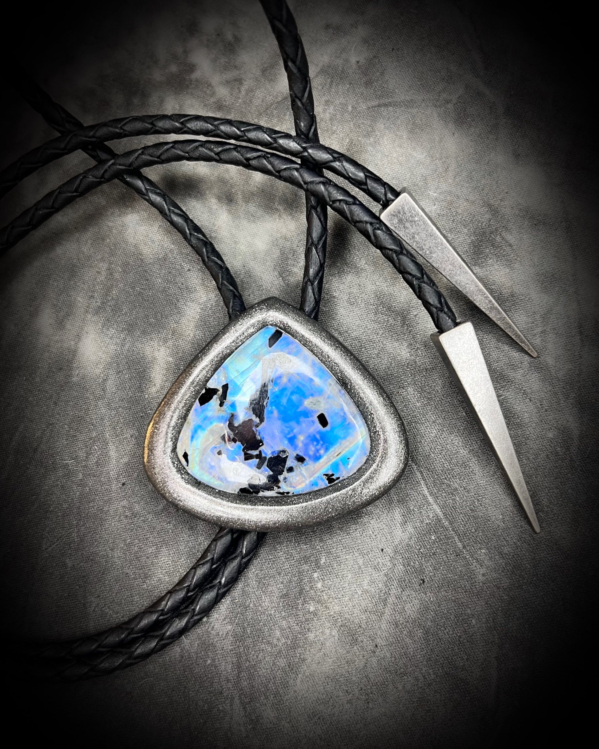 Rainbow Moonstone and Black Tourmaline bolo tie on black leather cord. Holiday gift for him, western boho jewelry.