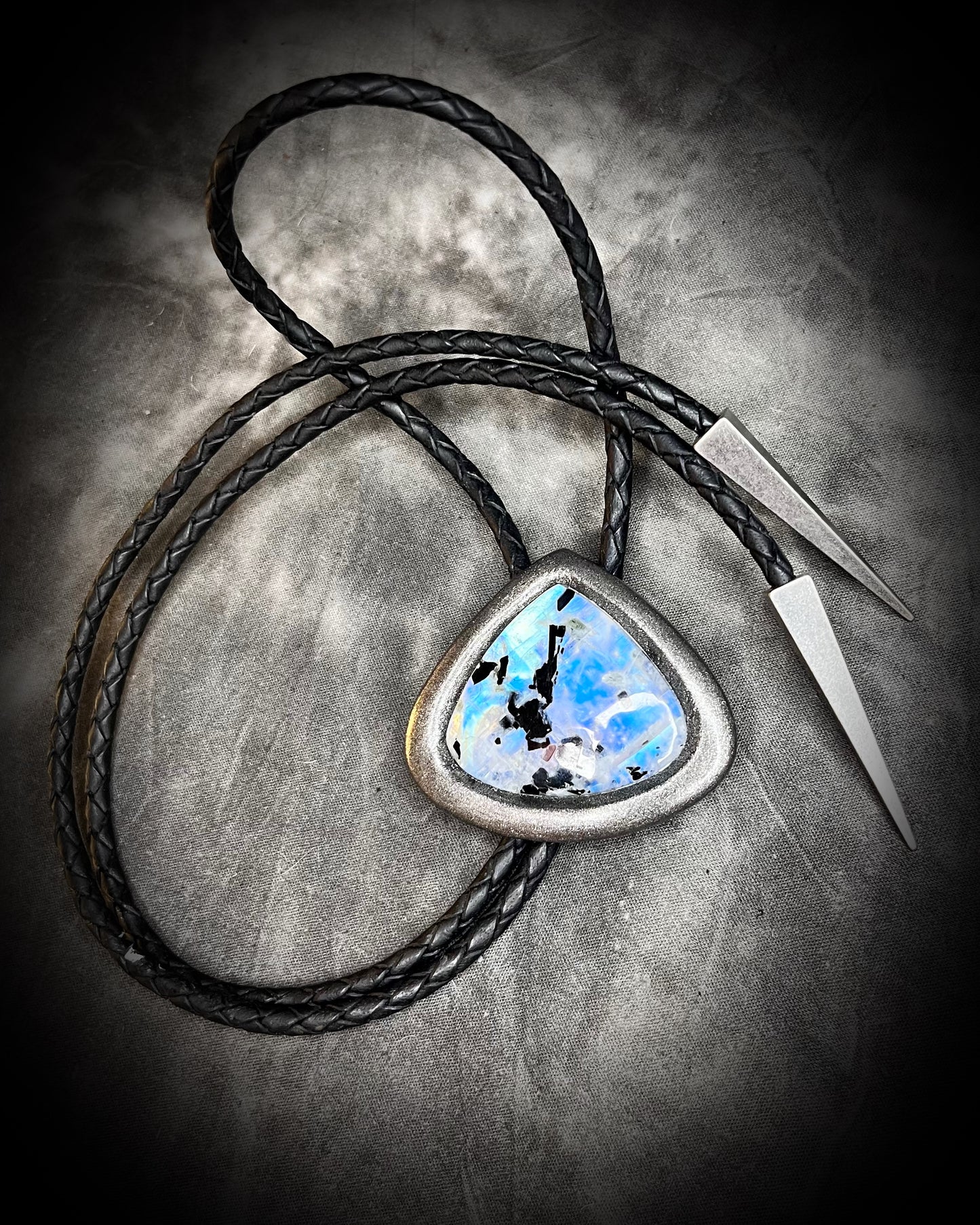Rainbow Moonstone and Black Tourmaline bolo tie on black leather cord. Holiday gift for him, western boho jewelry.