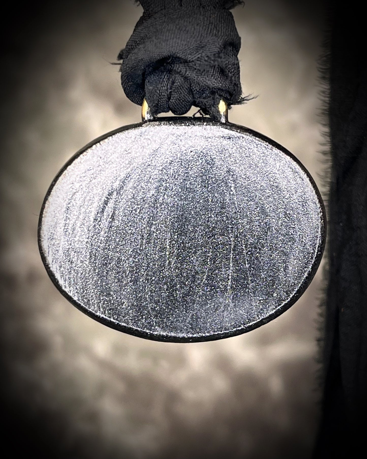 Rainbow labradorite pendant necklace in black frame on recycled silk, statement crystal talisman jewelry for intuition, handmade in Baltimore Maryland