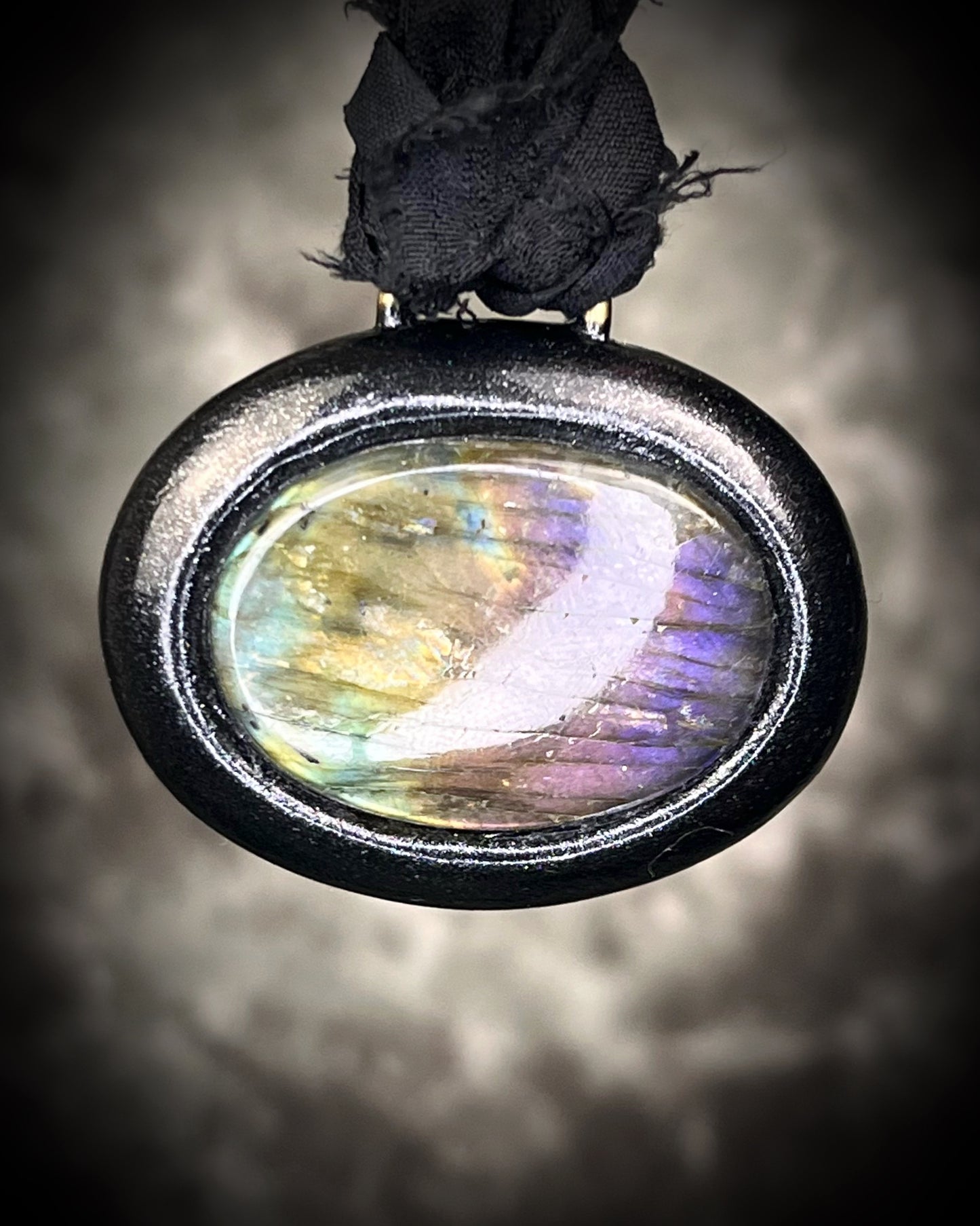 Rainbow labradorite pendant necklace in black frame on recycled silk, statement crystal talisman jewelry for intuition, handmade in Baltimore Maryland
